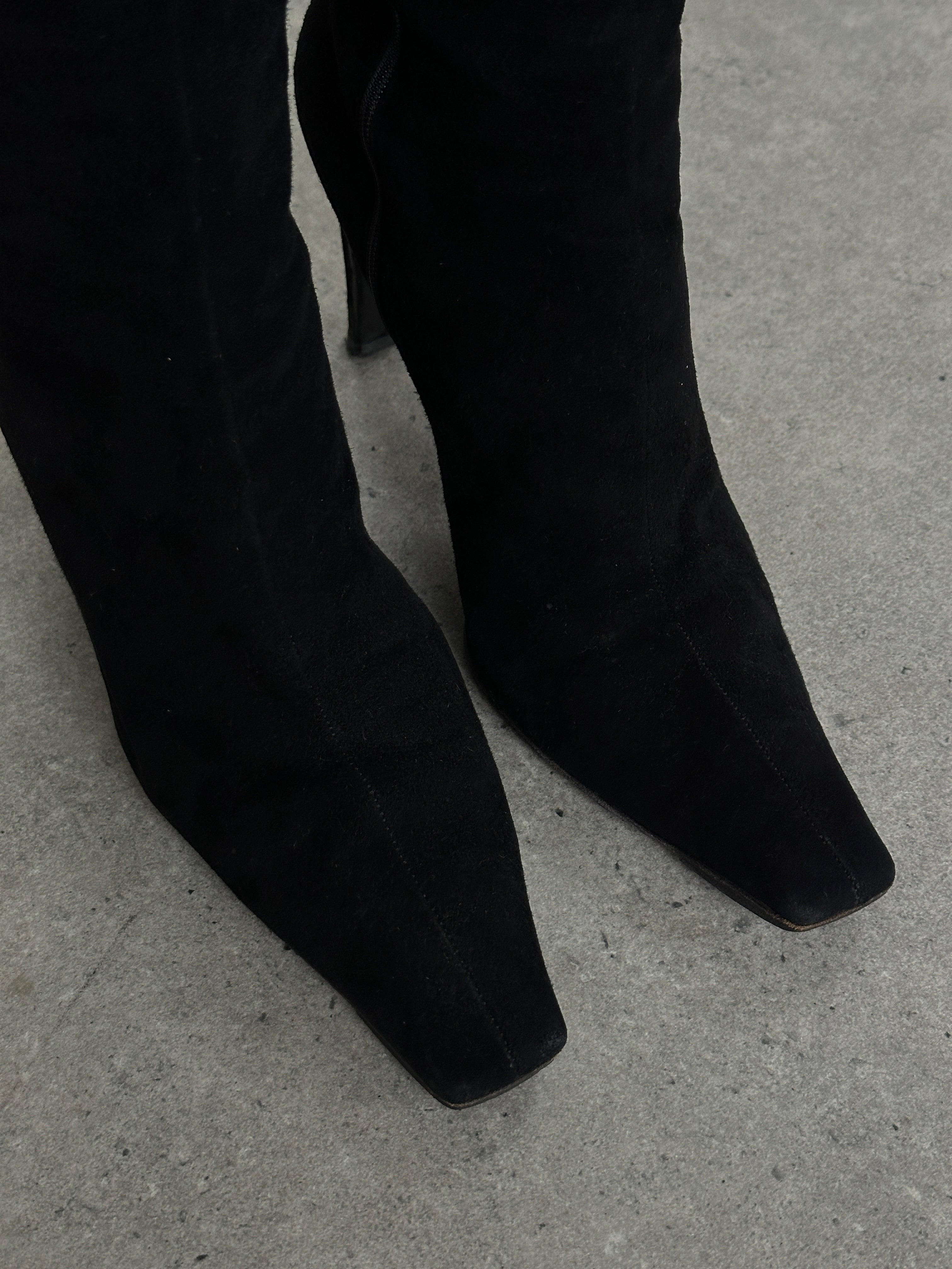 Prada 2000s suede square toe heeled knee boots in UK 7.5, featuring a sleek design and tall heel.