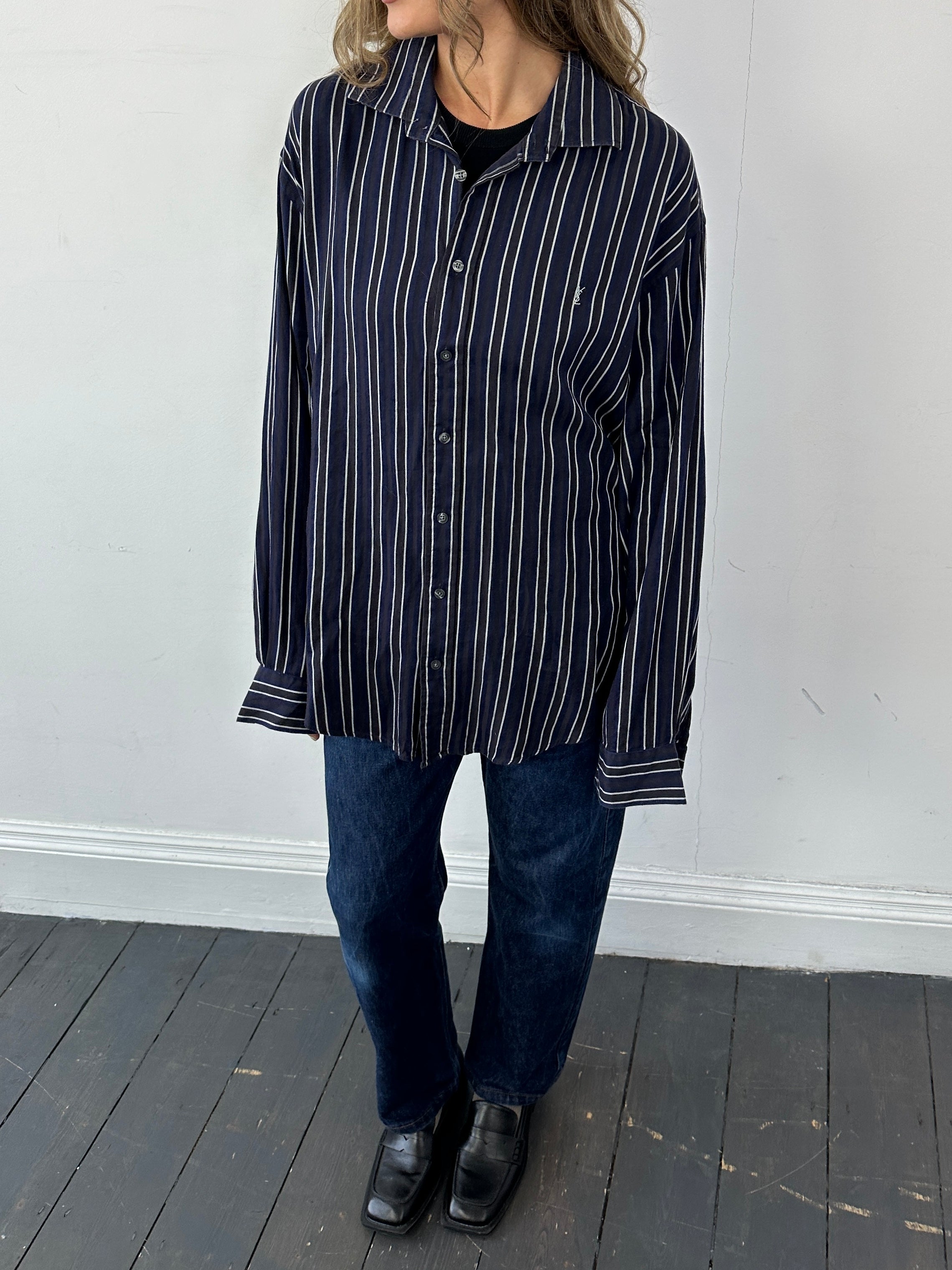 Yves Saint Laurent pinstripe pure cotton shirt in XL with logo design, featuring a classic collar and button-front styling.