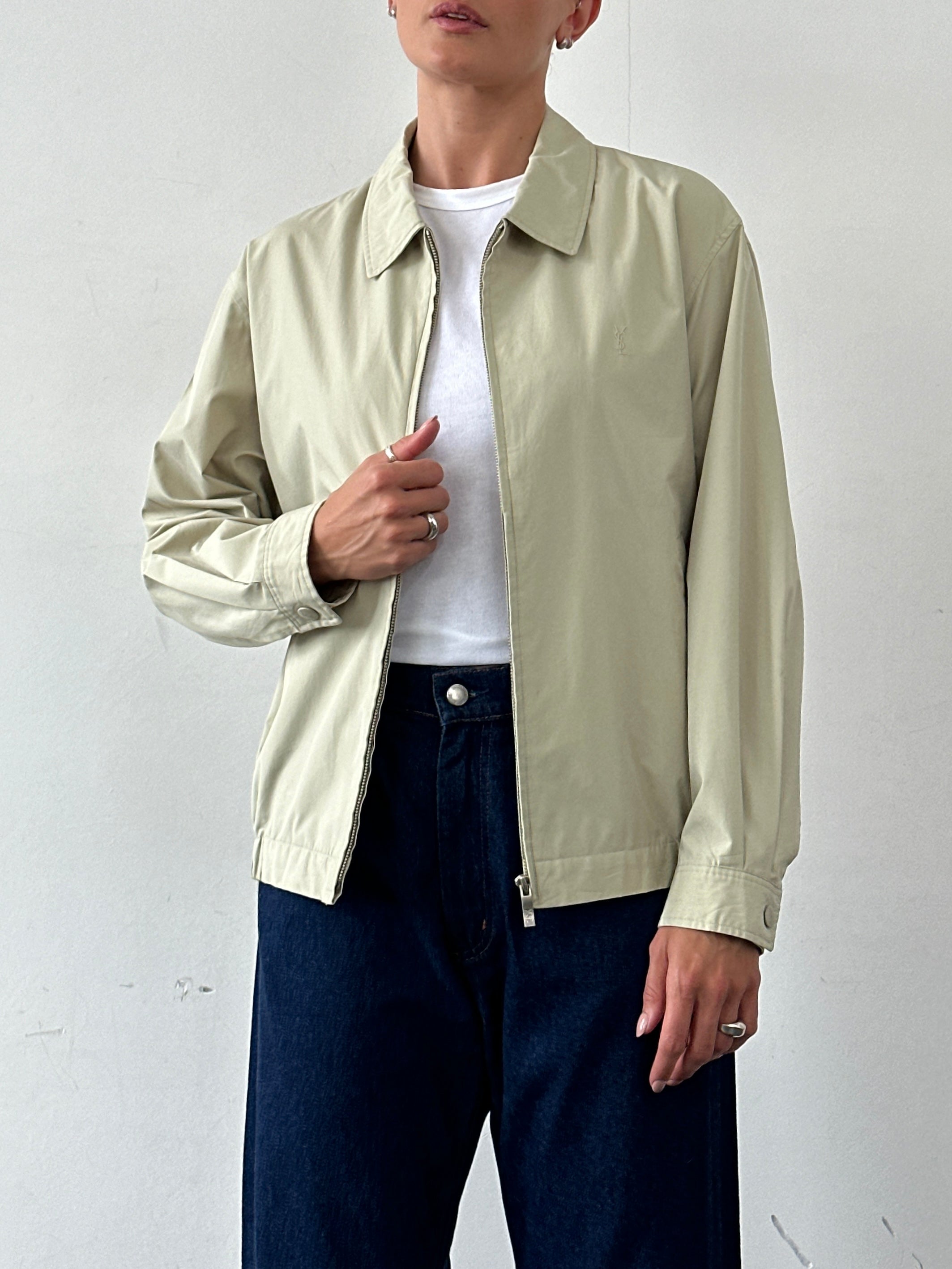 Yves Saint Laurent Pour Homme logo bomber jacket in black, L size, featuring a front logo patch and classic bomber style.