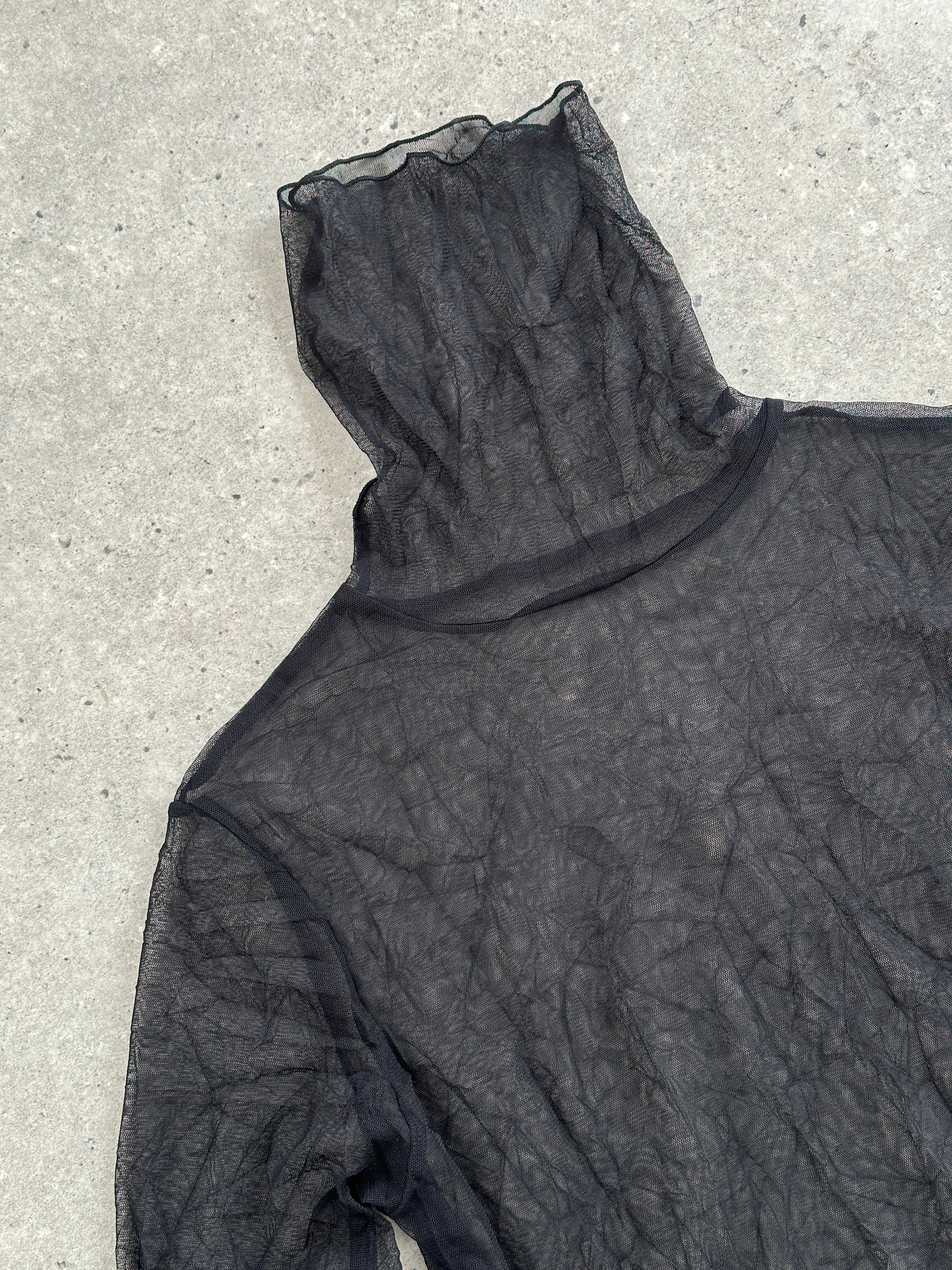 Vintage 2000s sheer crinkled tank top with roll neck in black, featuring a relaxed fit and lightweight, textured fabric.