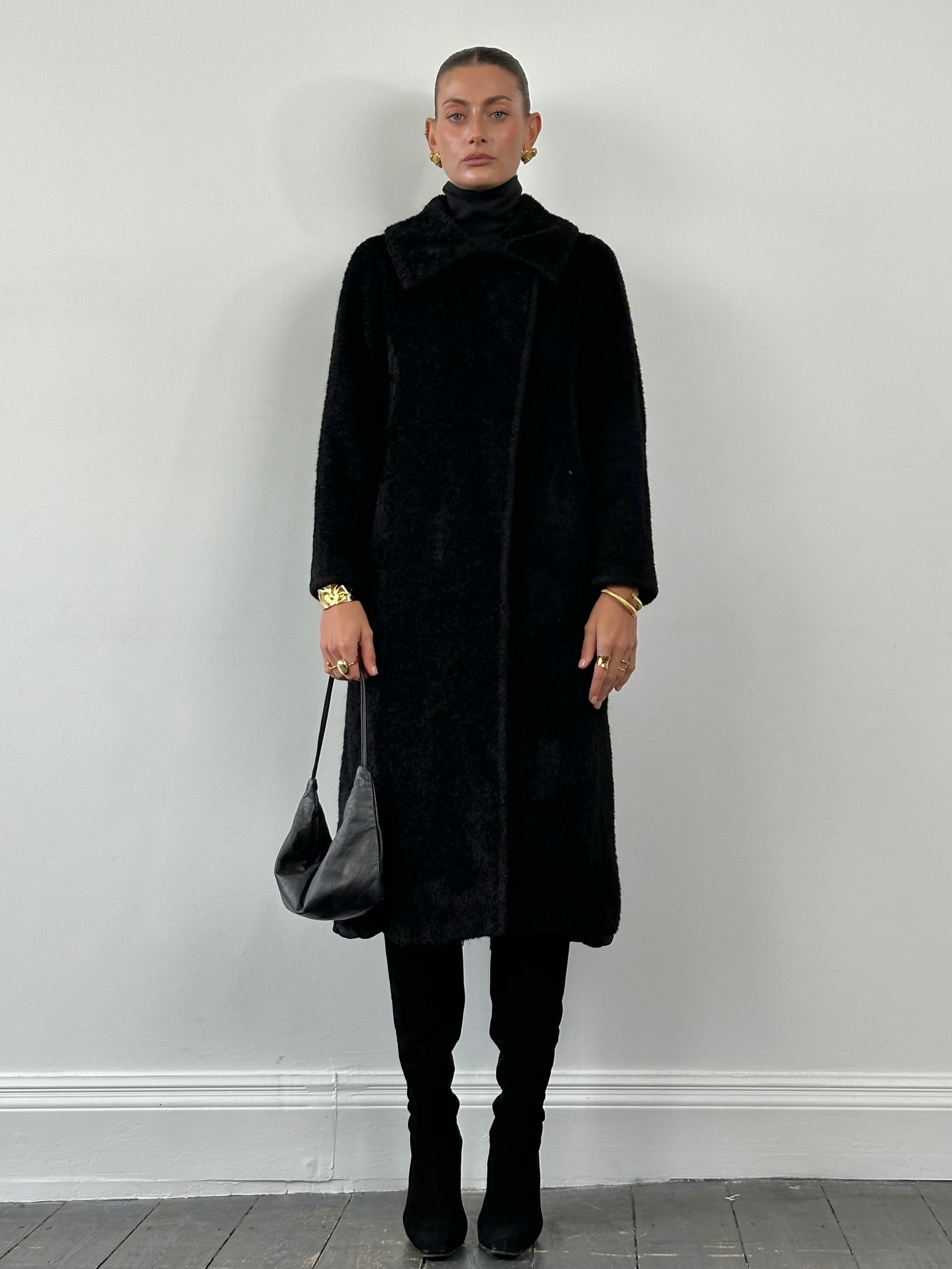 Max Mara Teddy alpaca wool coat in S/M, stylish long coat with plush textured fabric, classic design, and warm winter style.