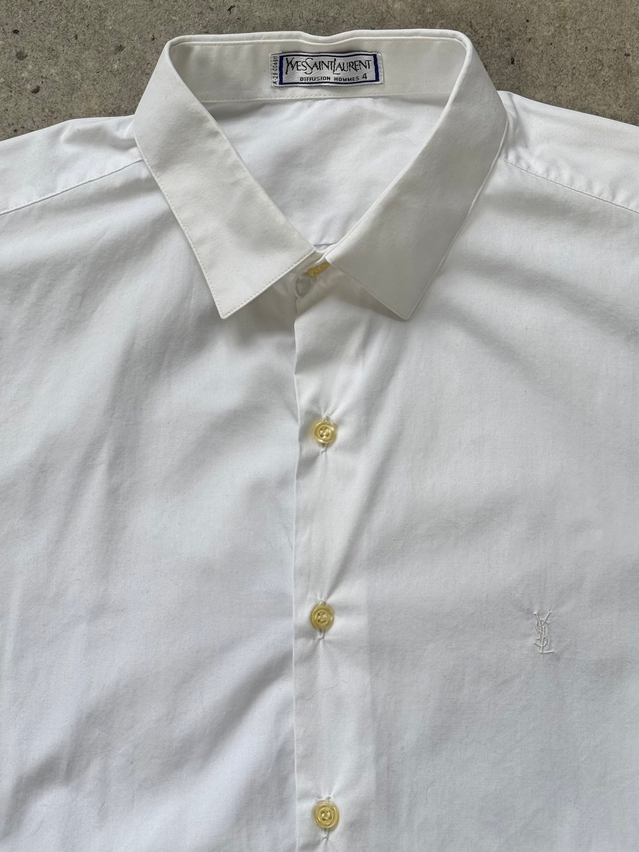 Yves Saint Laurent Diffusion Homme 1990s cotton dress shirt in size M, white with classic collar and button-down front.