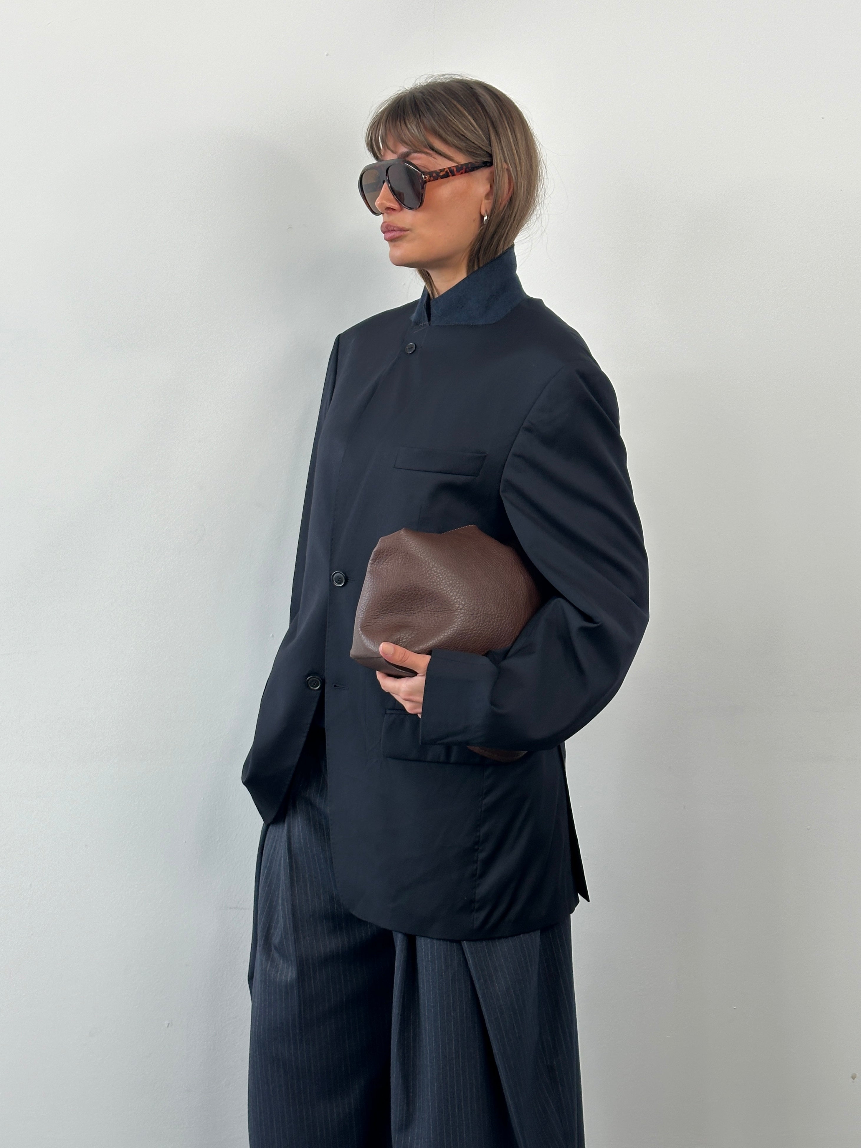 Loro Piana Rene Lezard 2000s high neck wool blazer, single-breasted, in size 40L, dark tailored with a high collar.