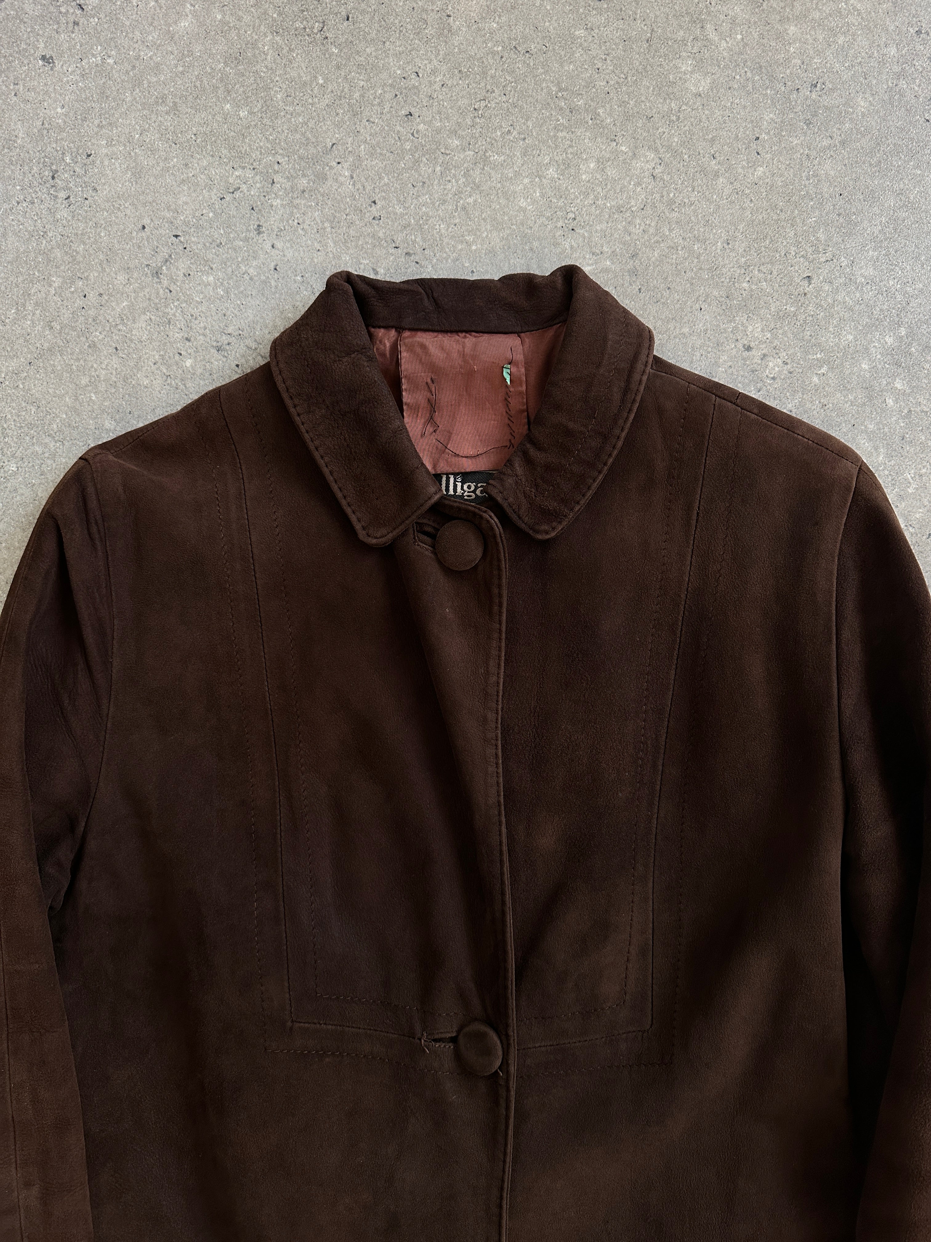 Pierre Balmain 1980s alligator suede trench coat, sleek men's jacket in brown with classic design and button details.