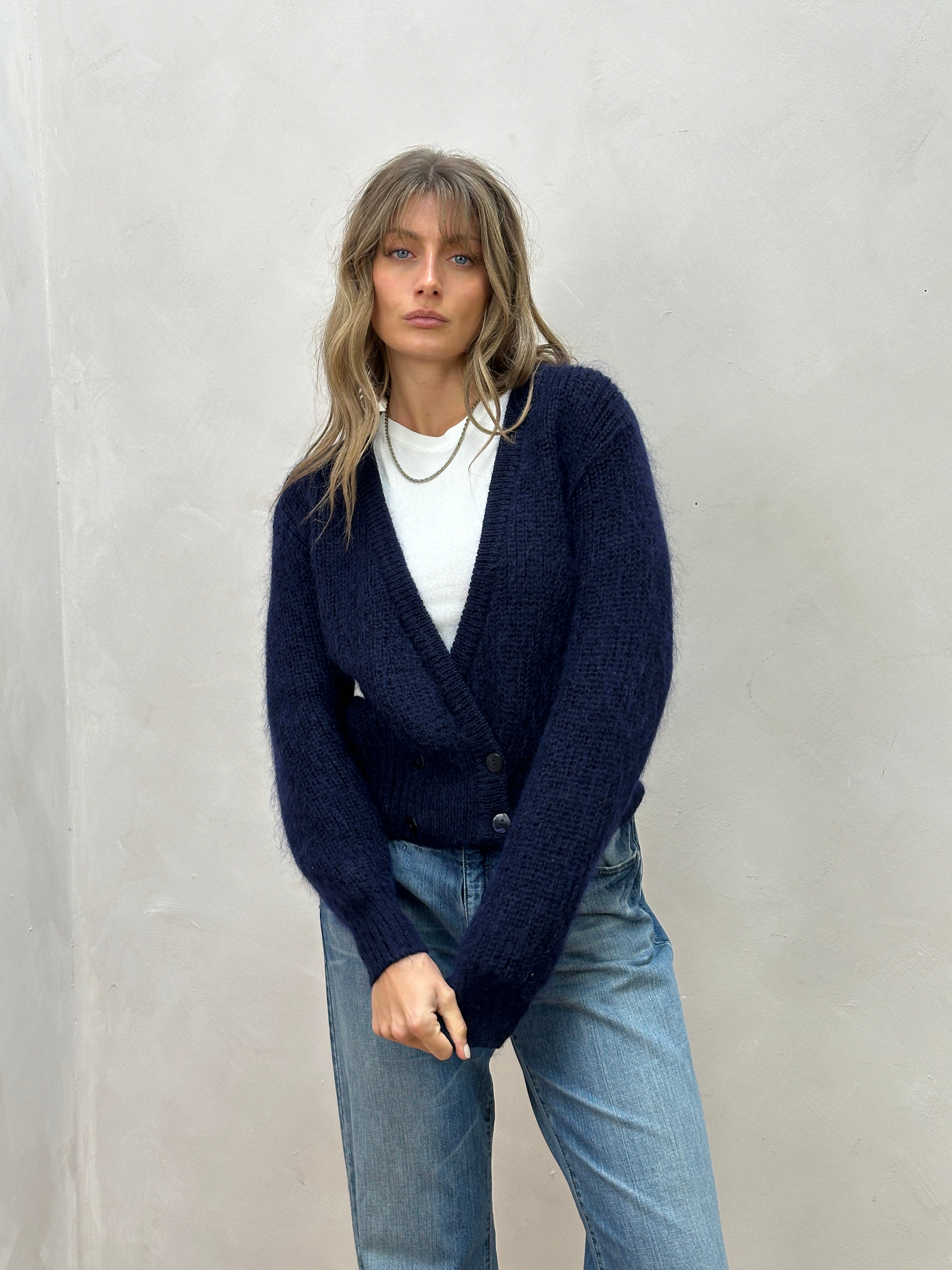 St Michael British mohair double-breasted cardigan in size M, featuring a textured knit and classic design, displayed on a hanger.