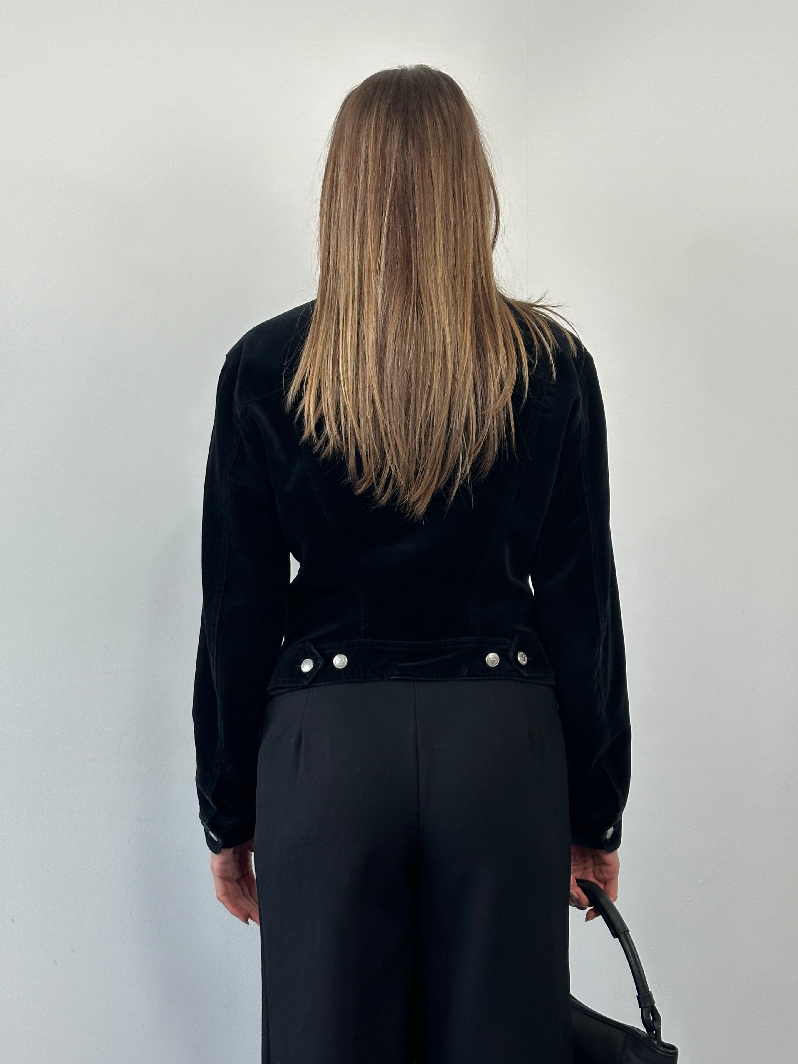 Katharine Hamnett 1990s pure cotton jacket in size S, shown in a front view with classic collar and button closure.