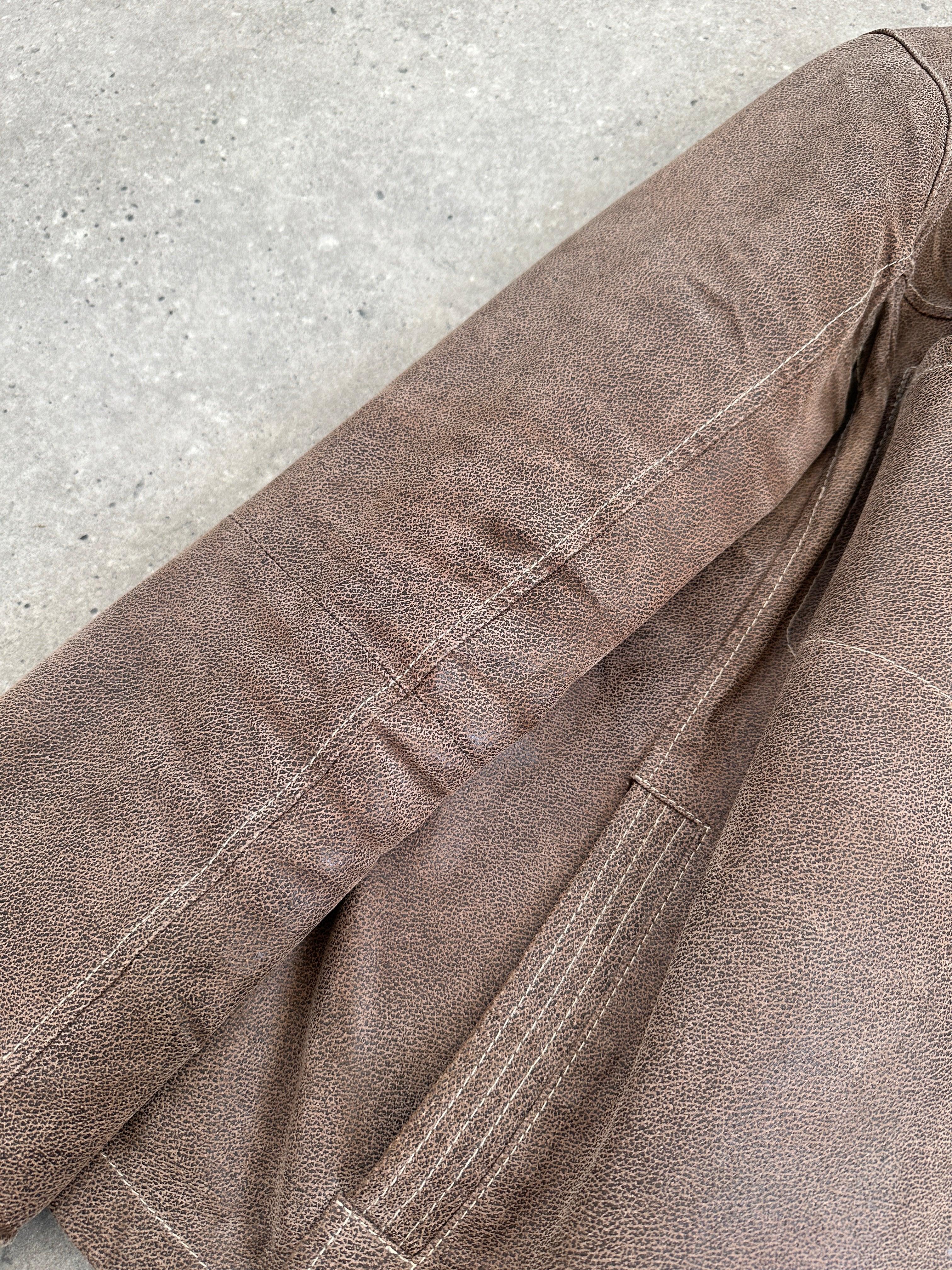 Vintage textured high neck leather jacket in XL, showcasing its classic design and rich leather texture.