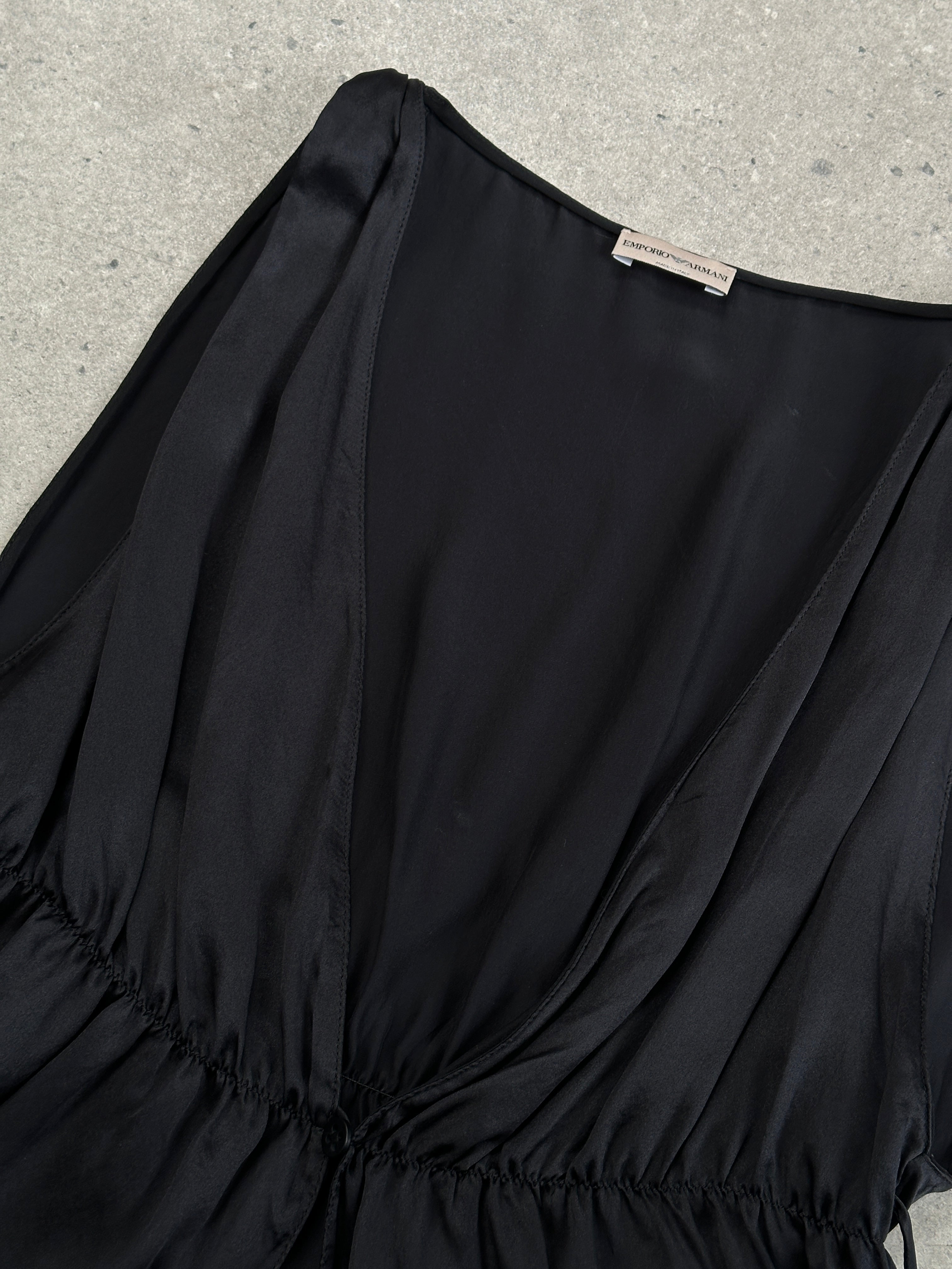 Emporio Armani pure silk ruched tank top in black, featuring gathered fabric and a sleek, fitted design.