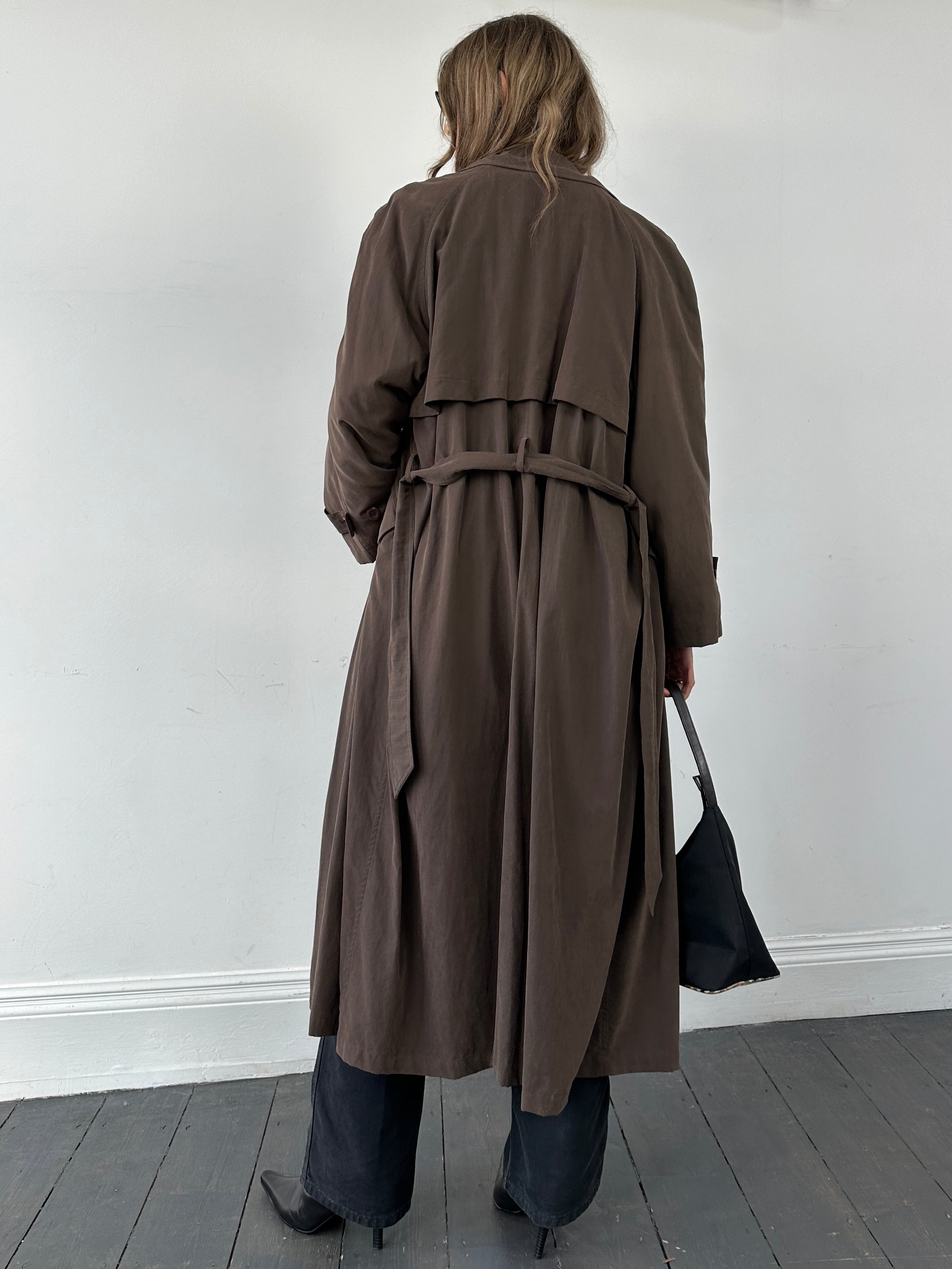 Marella double-breasted belted soft touch trench coat in beige, showcasing its classic design and stylish silhouette.