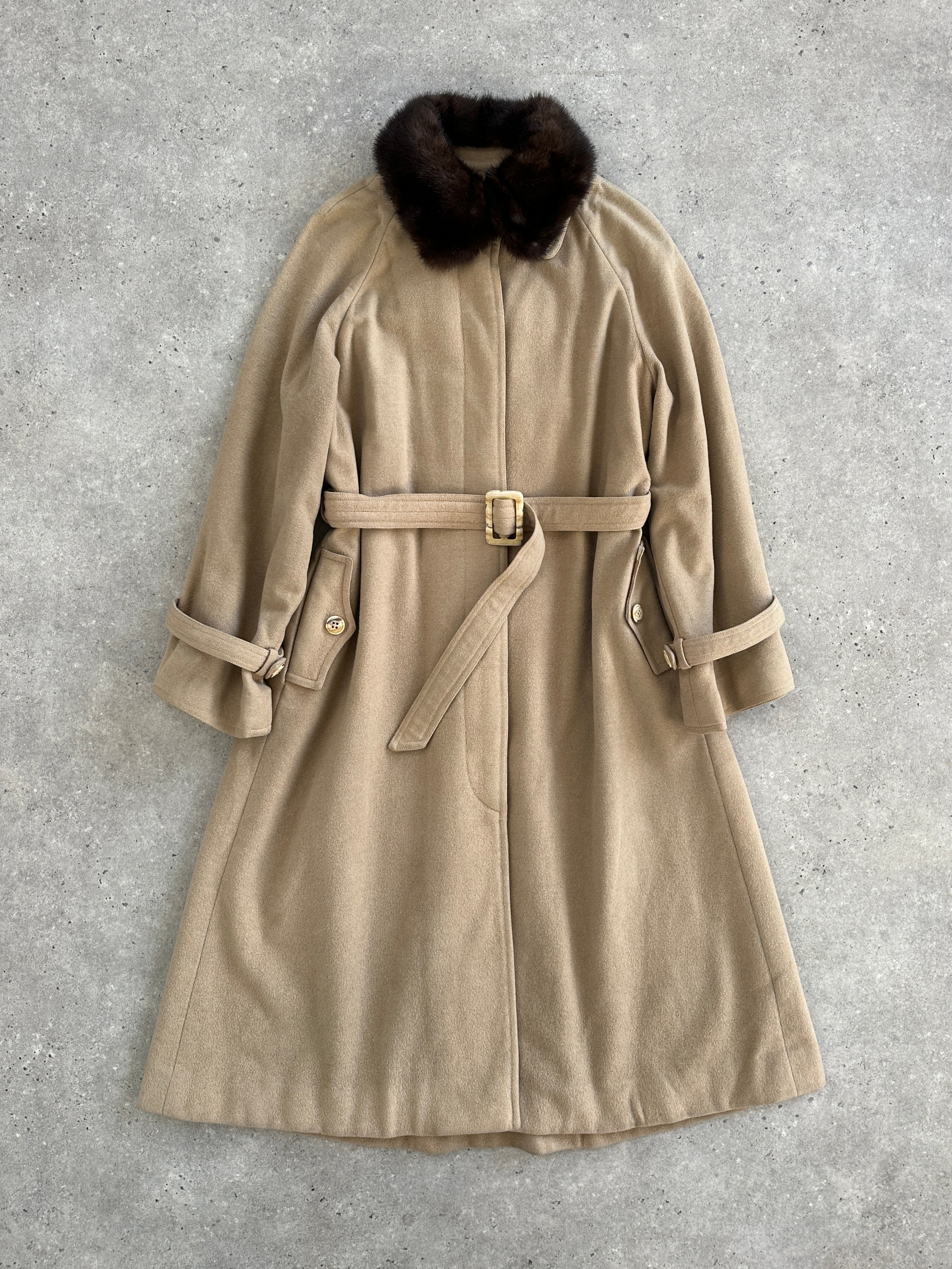 Vintage 1980s wool double-faced fur collar belted coat, size small, showcasing classic retro style and warm winter fashion.