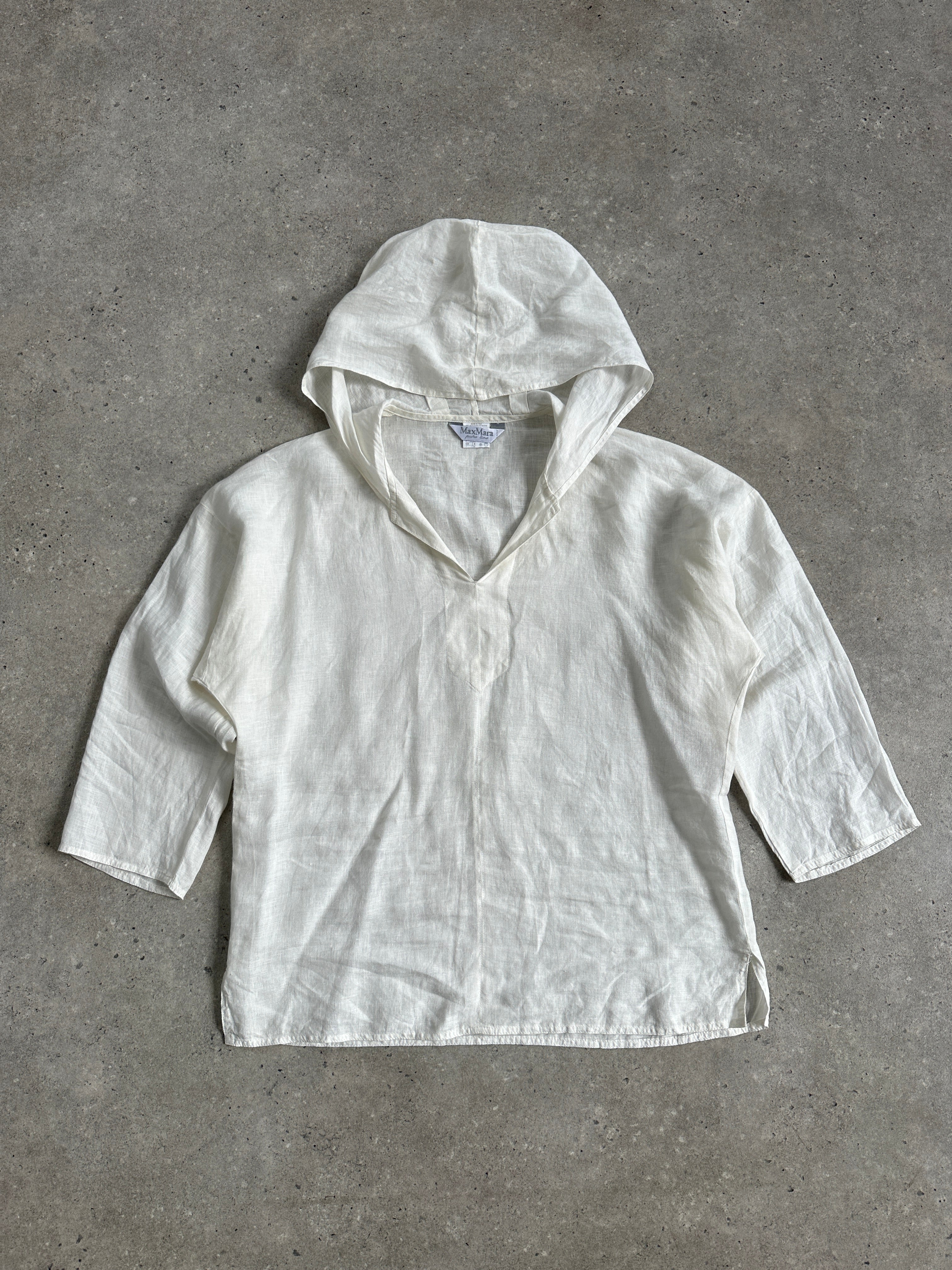 Max Mara pure linen hooded tank top in white, S/M size, sleeveless with a relaxed fit and casual hood design.