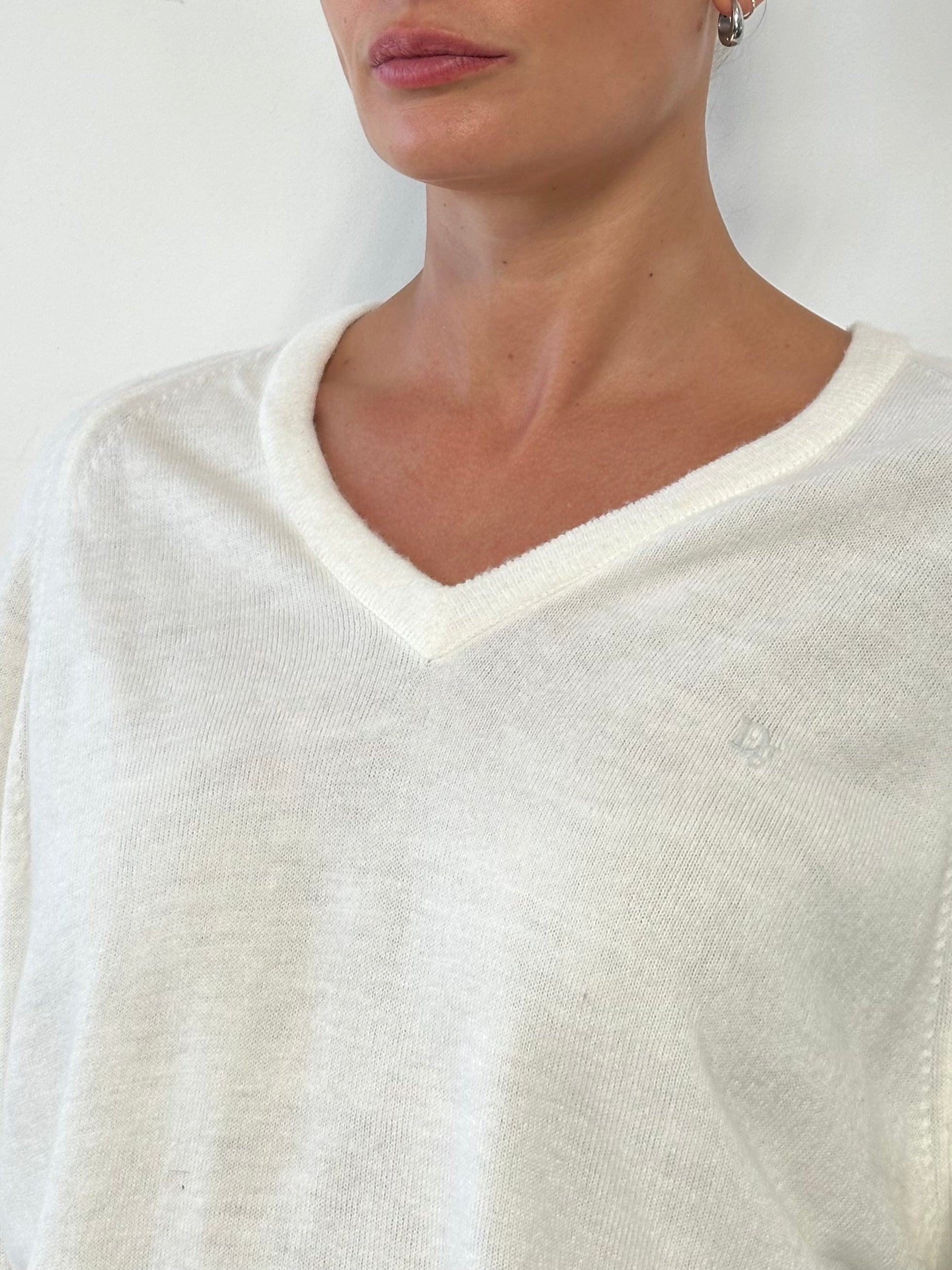 Christian Dior V-neck logo knitted jumper in size L, featuring a stylish design and soft fabric, perfect for casual wear.