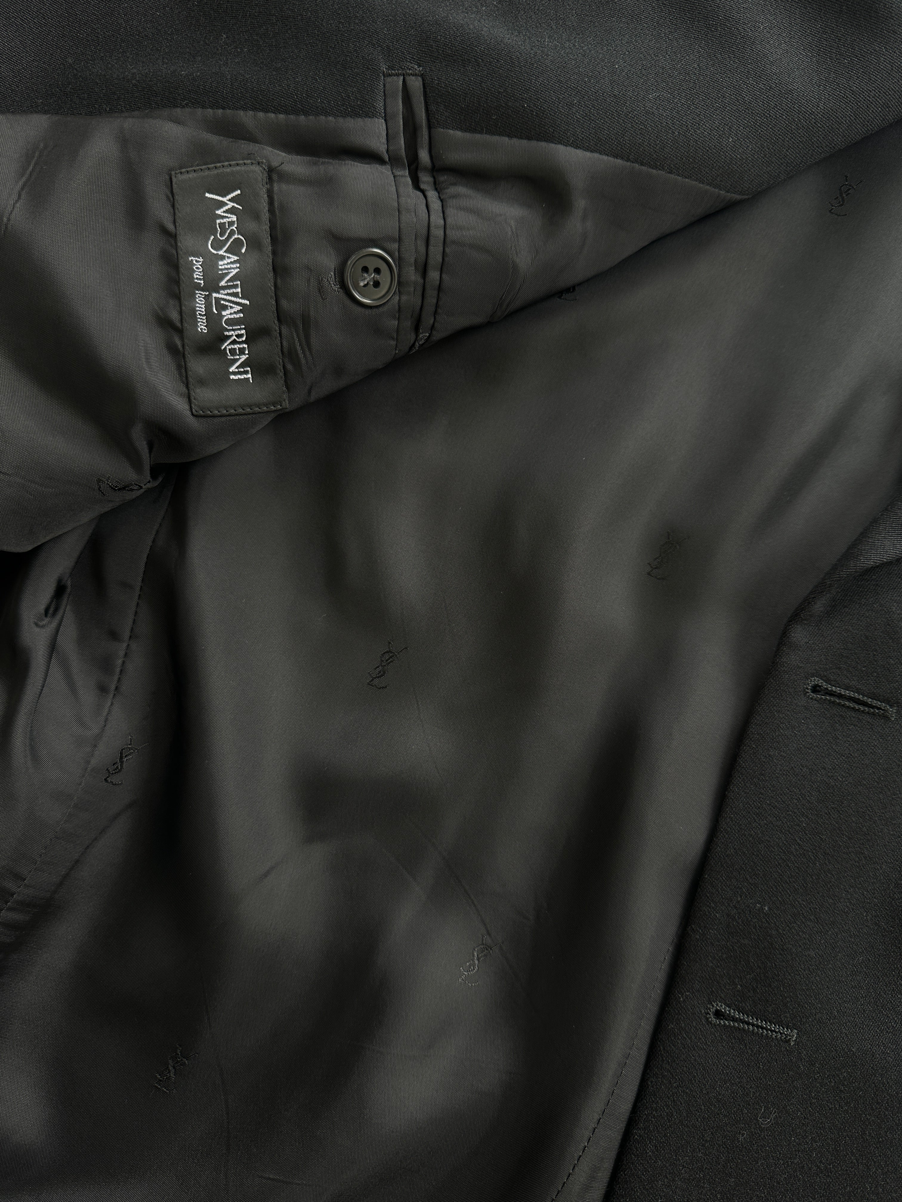 Yves Saint Laurent men's pure wool single-breasted blazer, size 44L/XL-XXL, in classic dark color, tailored fit with notch lapel.