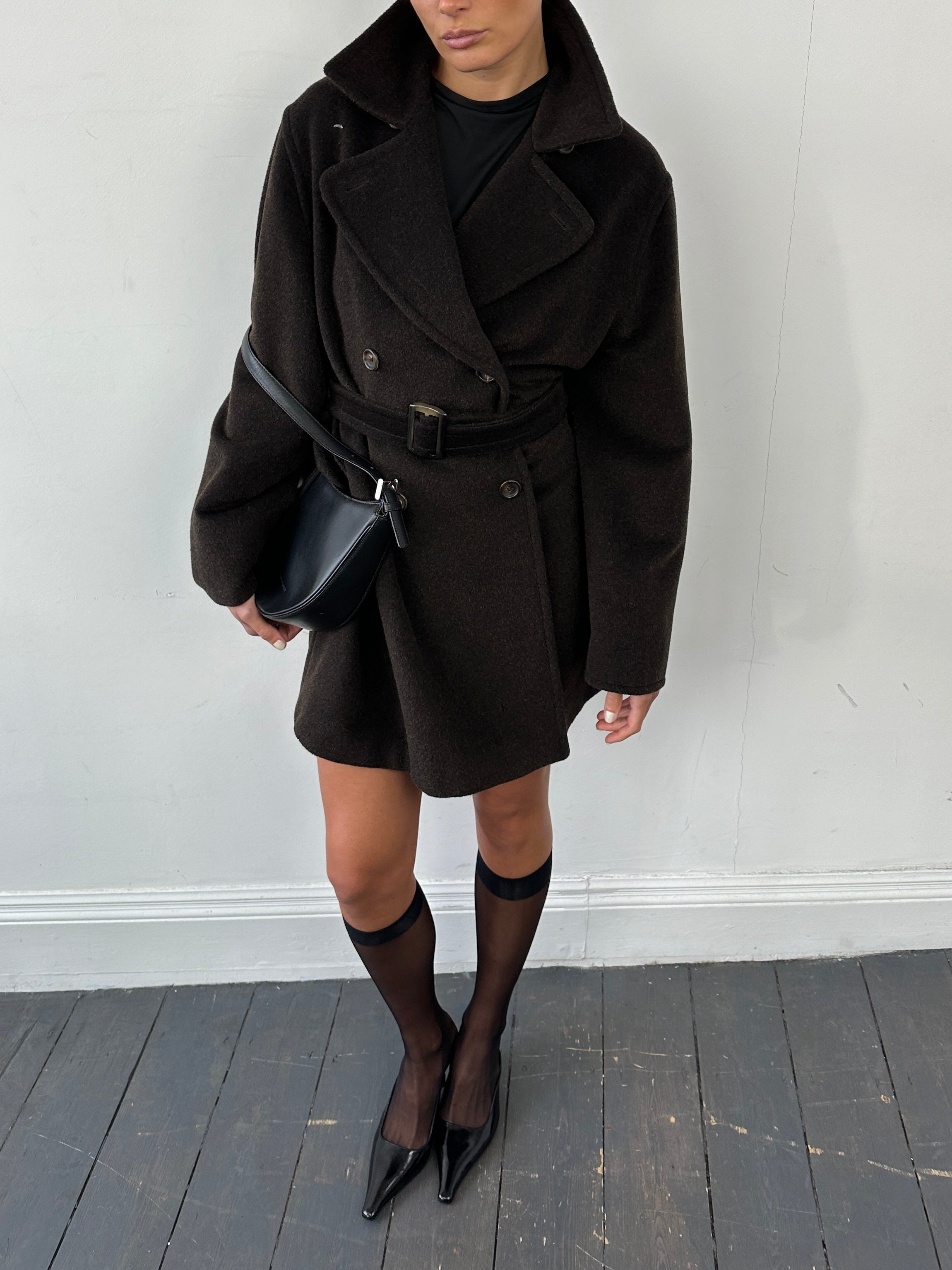 Marella wool mohair double-breasted belted coat in size L/XL, featuring a classic design and tailored fit.