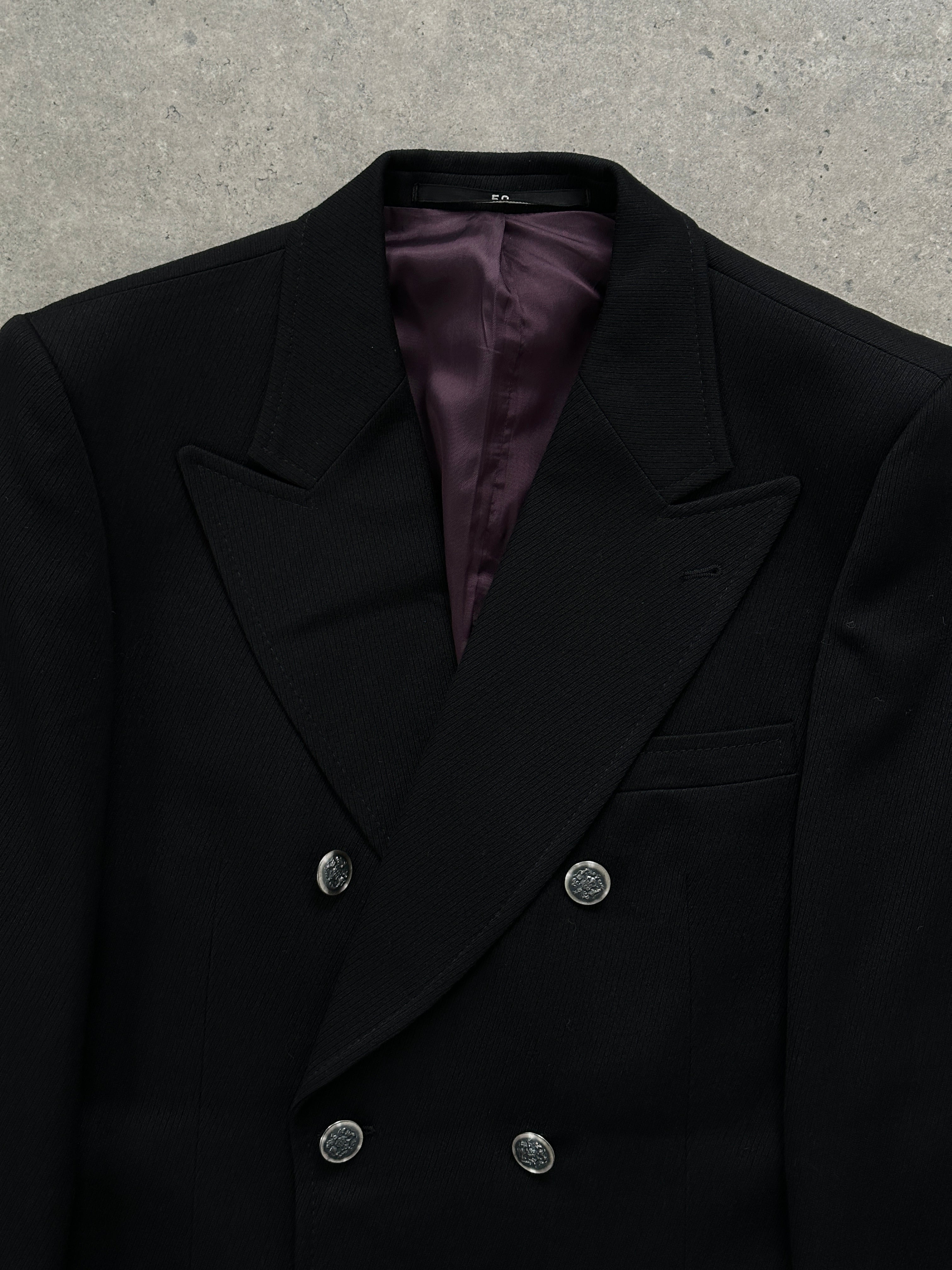 Vintage wool double-breasted blazer in size L, tailored fit with classic lapels and button details, displayed on a neutral background.