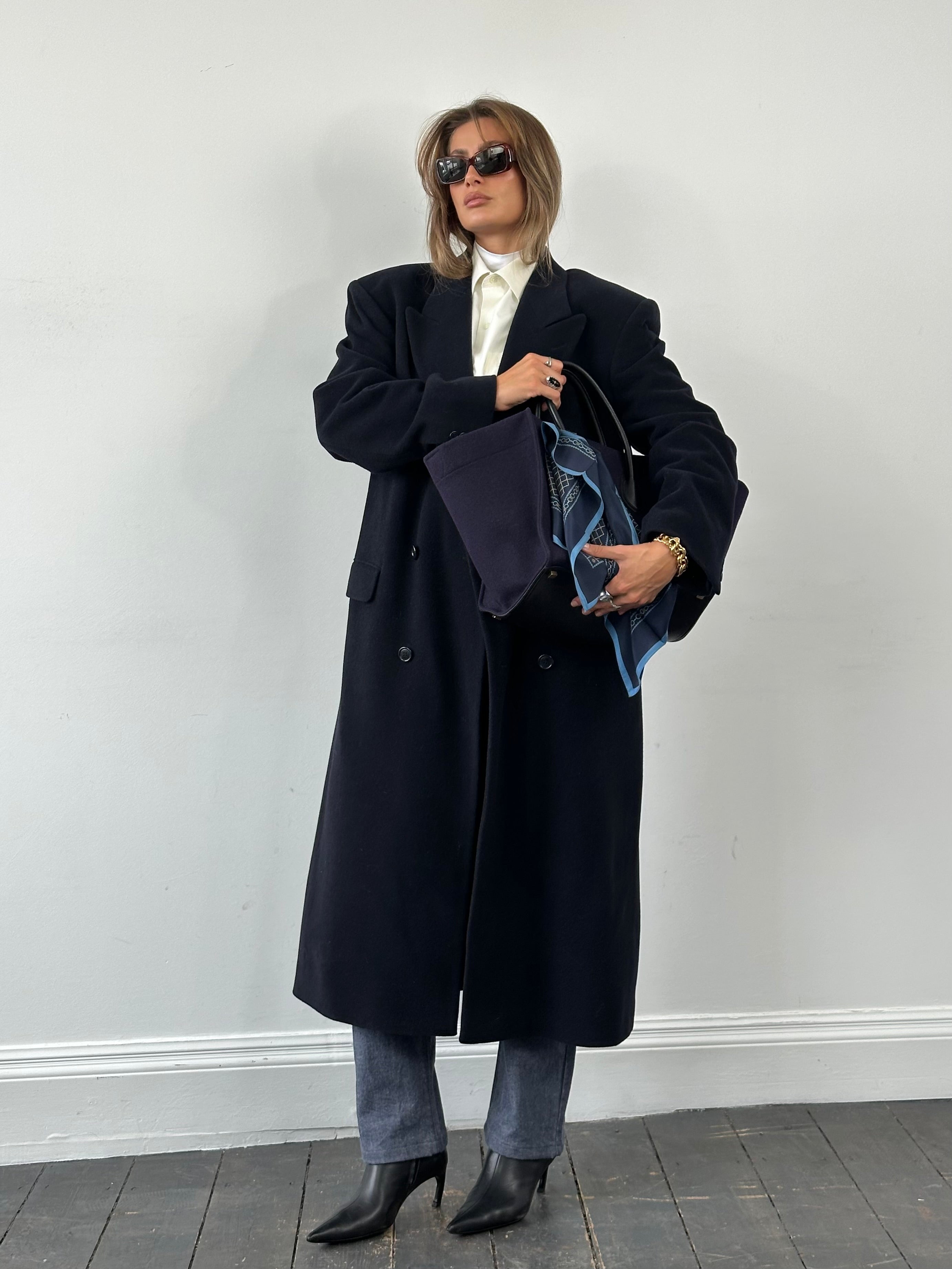 Pierre Cardin 1990s wool and cashmere double-breasted floor-length coat in XL, shown hanging with classic tailored details.