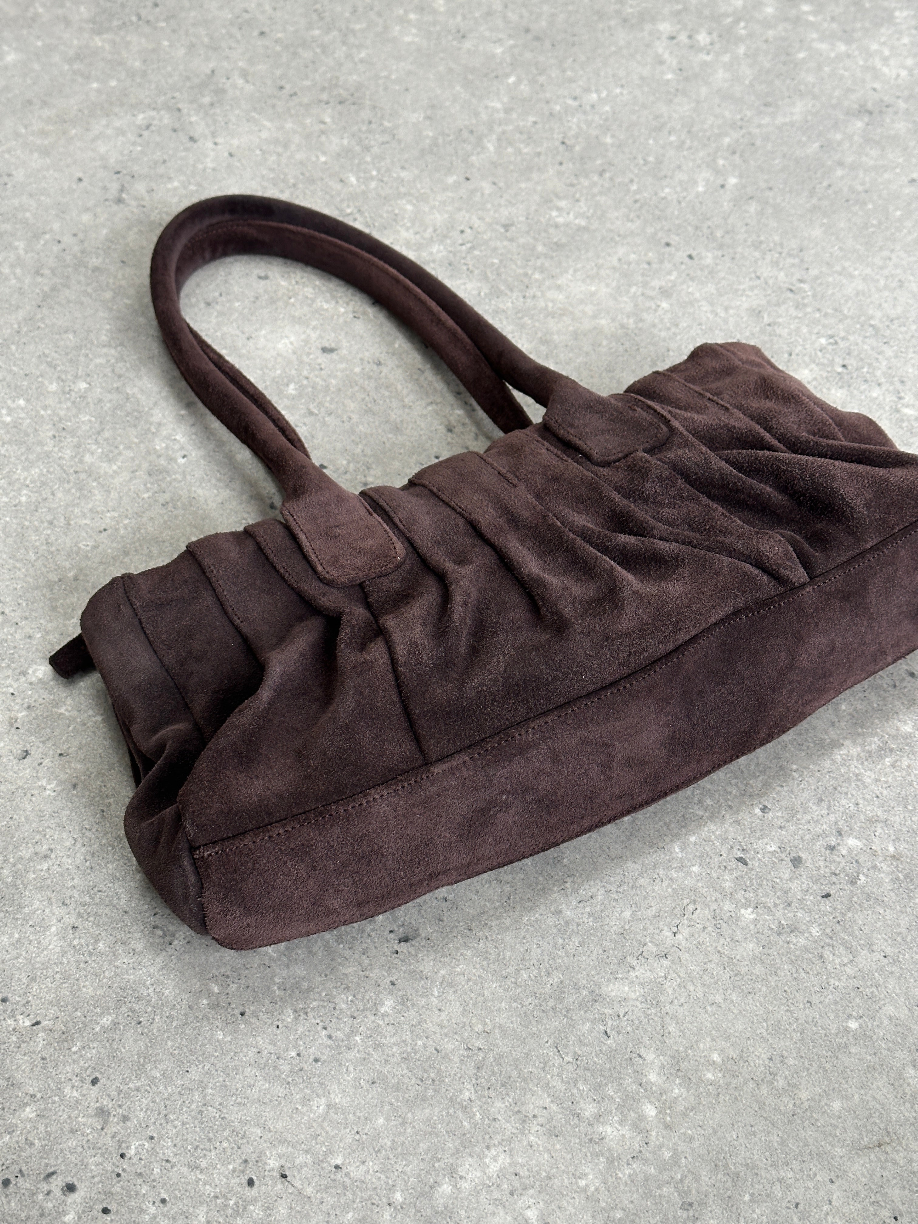 Abro Italian suede leather ruched shoulder bag with a stylish design and adjustable strap, perfect for everyday use.