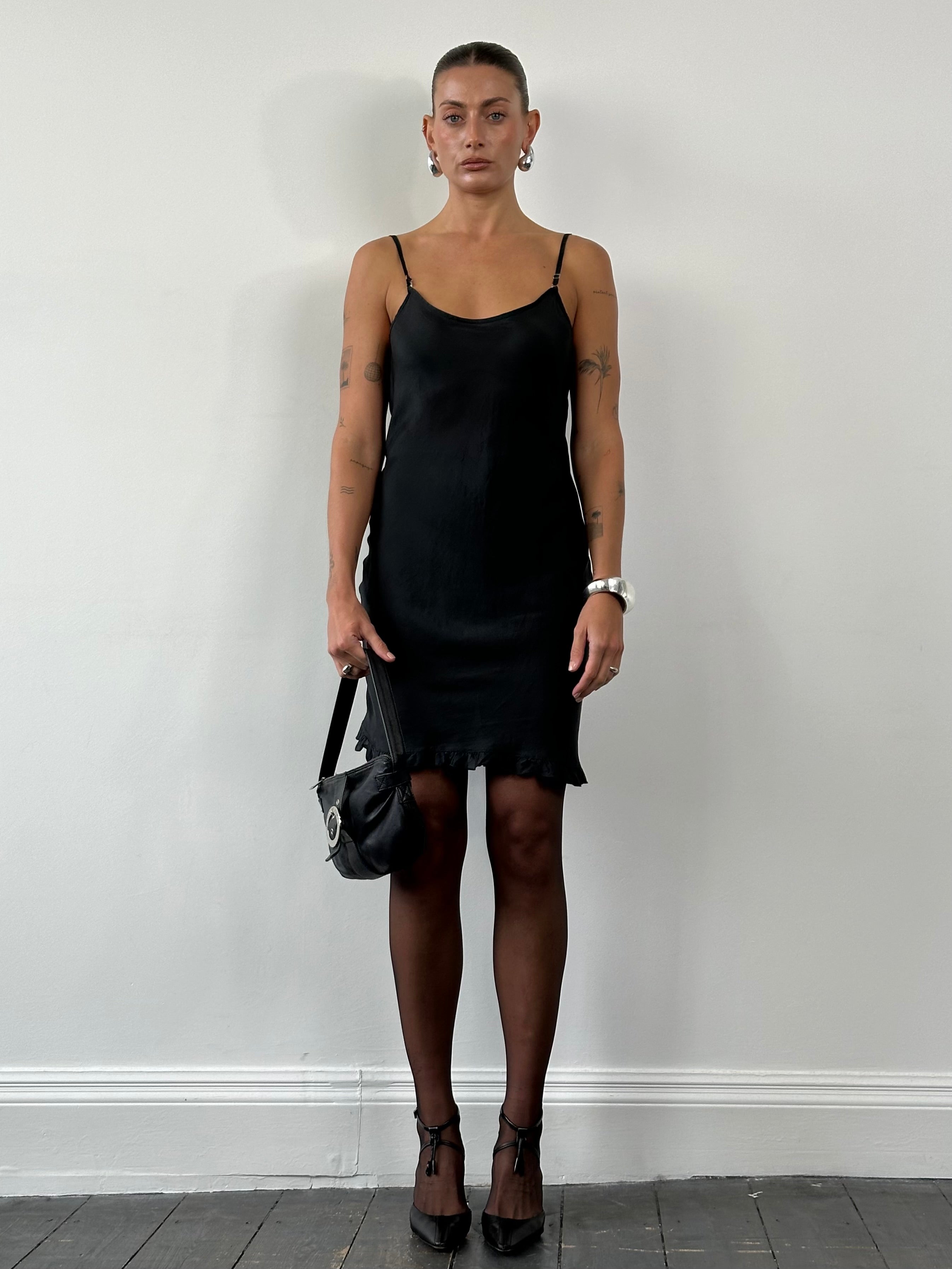 Vintage Italian pure silk sheer mini slip dress in size S, featuring elegant lightweight fabric and vintage style.