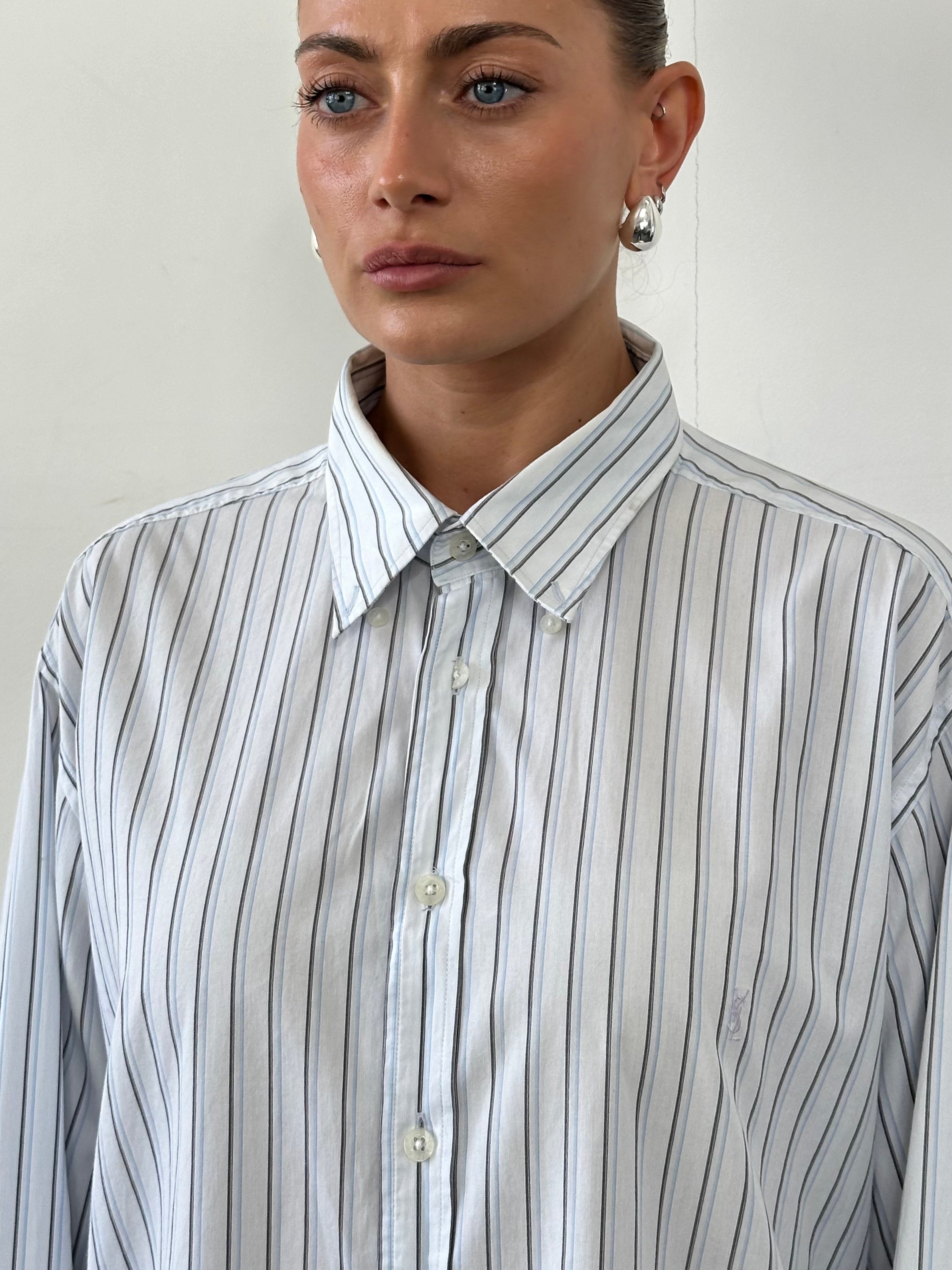 Yves Saint Laurent pure cotton stripe logo shirt in XL, featuring classic striped design and YSL branding on the front.