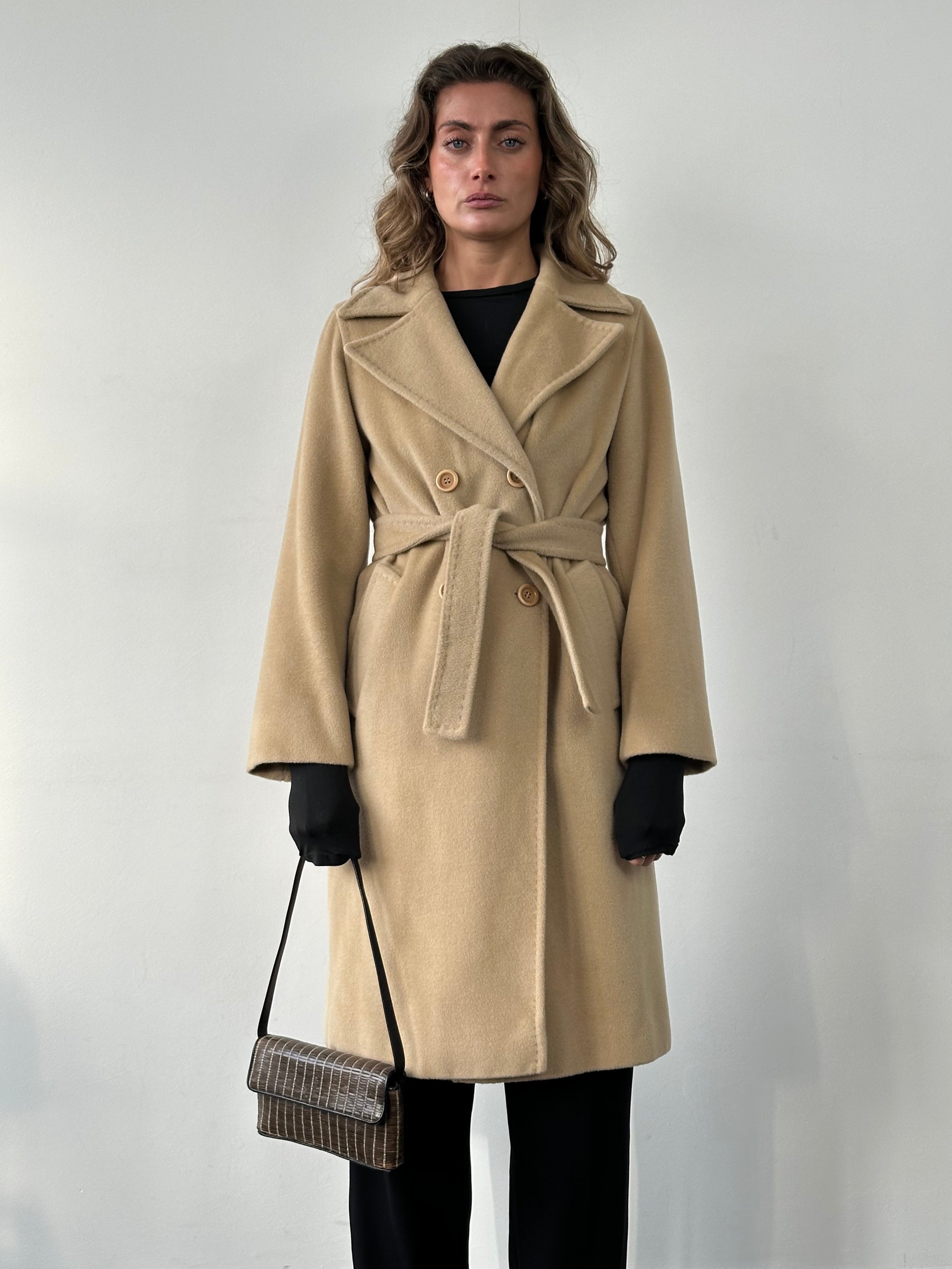 Marella wool cashmere double-breasted belted coat in neutral color, showcasing classic tailored design and stylish lapel details.