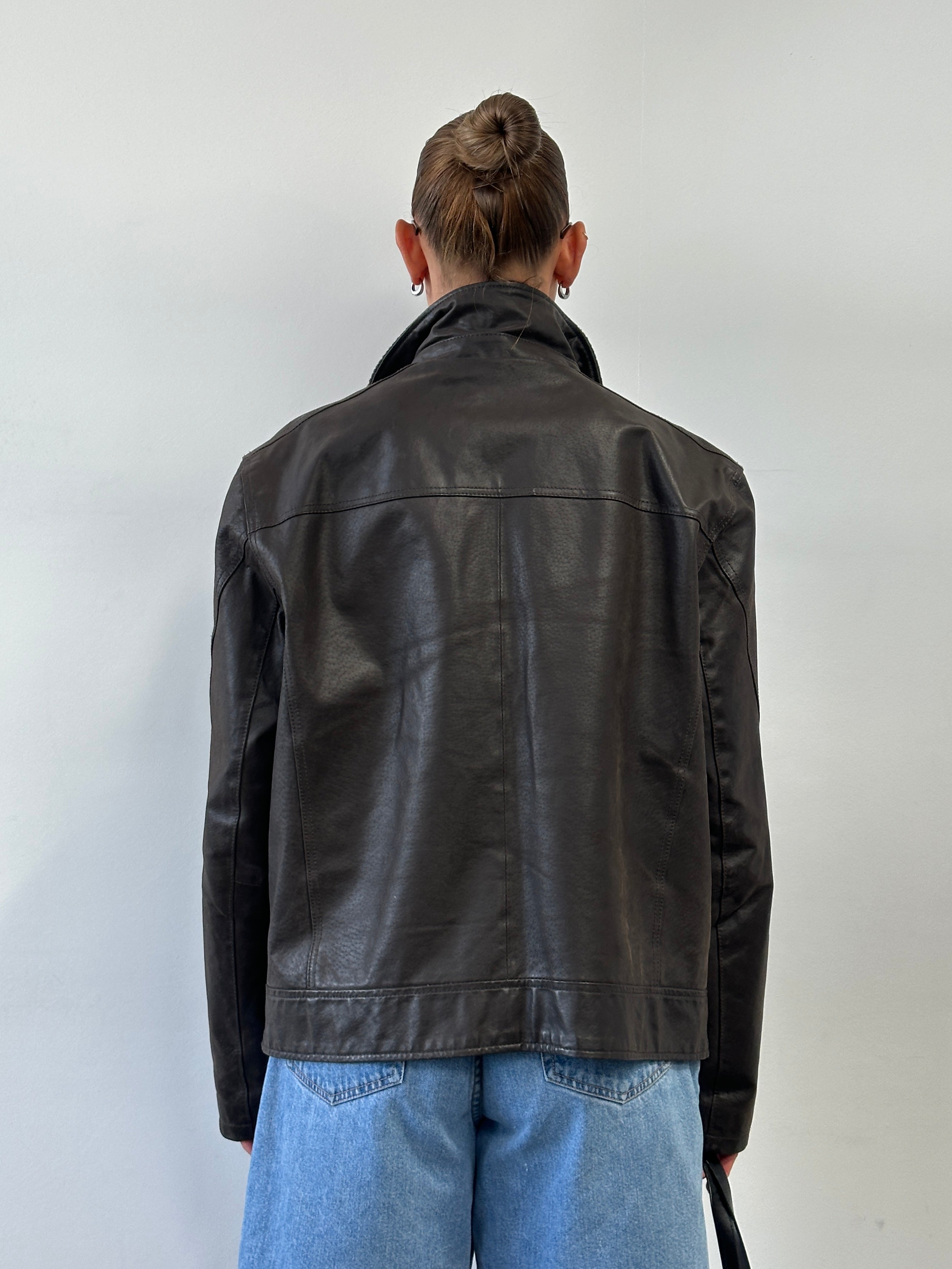 Vintage high neck leather jacket in XL size, showcasing classic black leather with a high collar and stylish design.