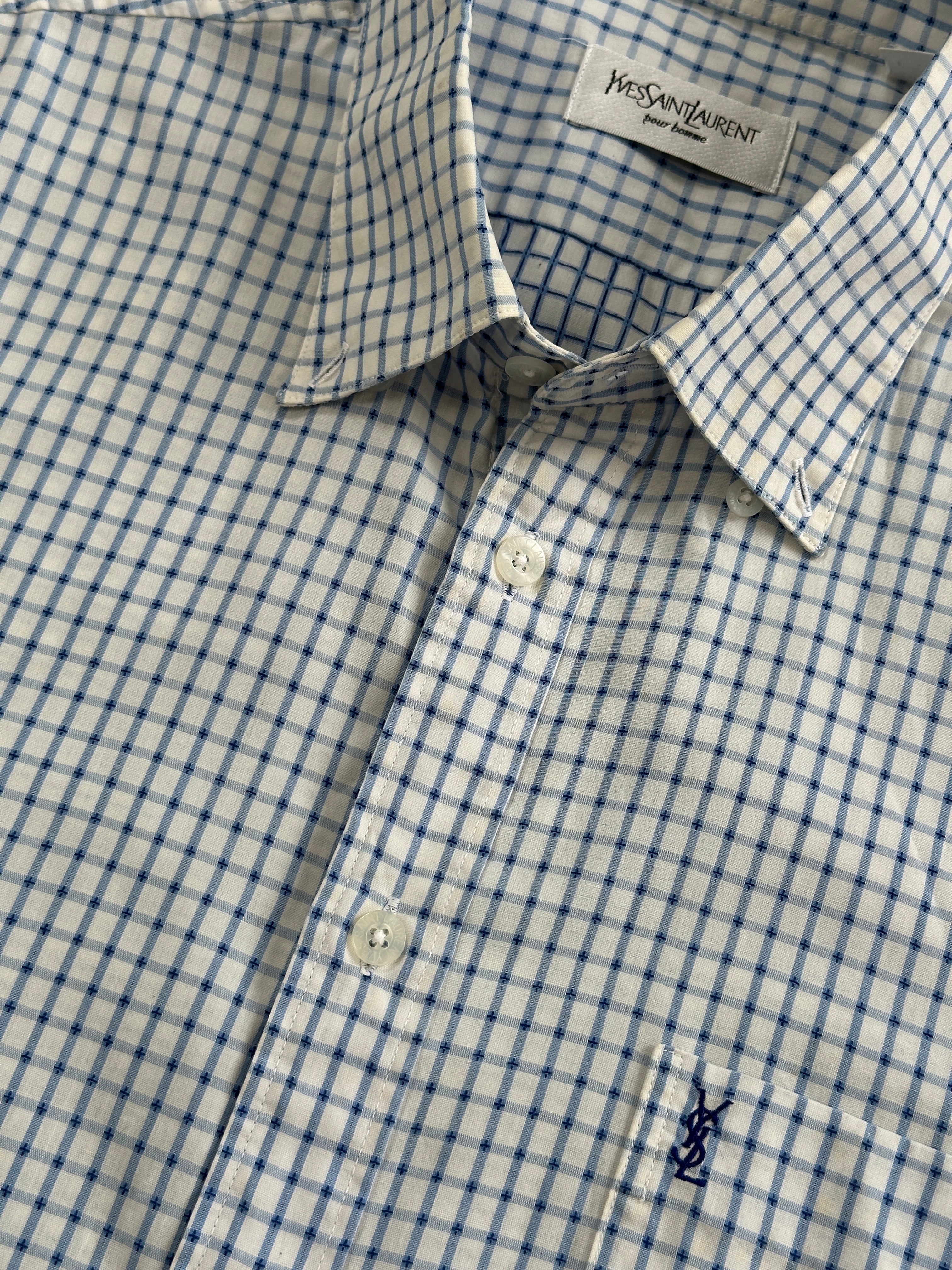 Yves Saint Laurent Pour Homme cotton check short sleeve logo shirt in size L, featuring a classic check pattern and YSL branding.
