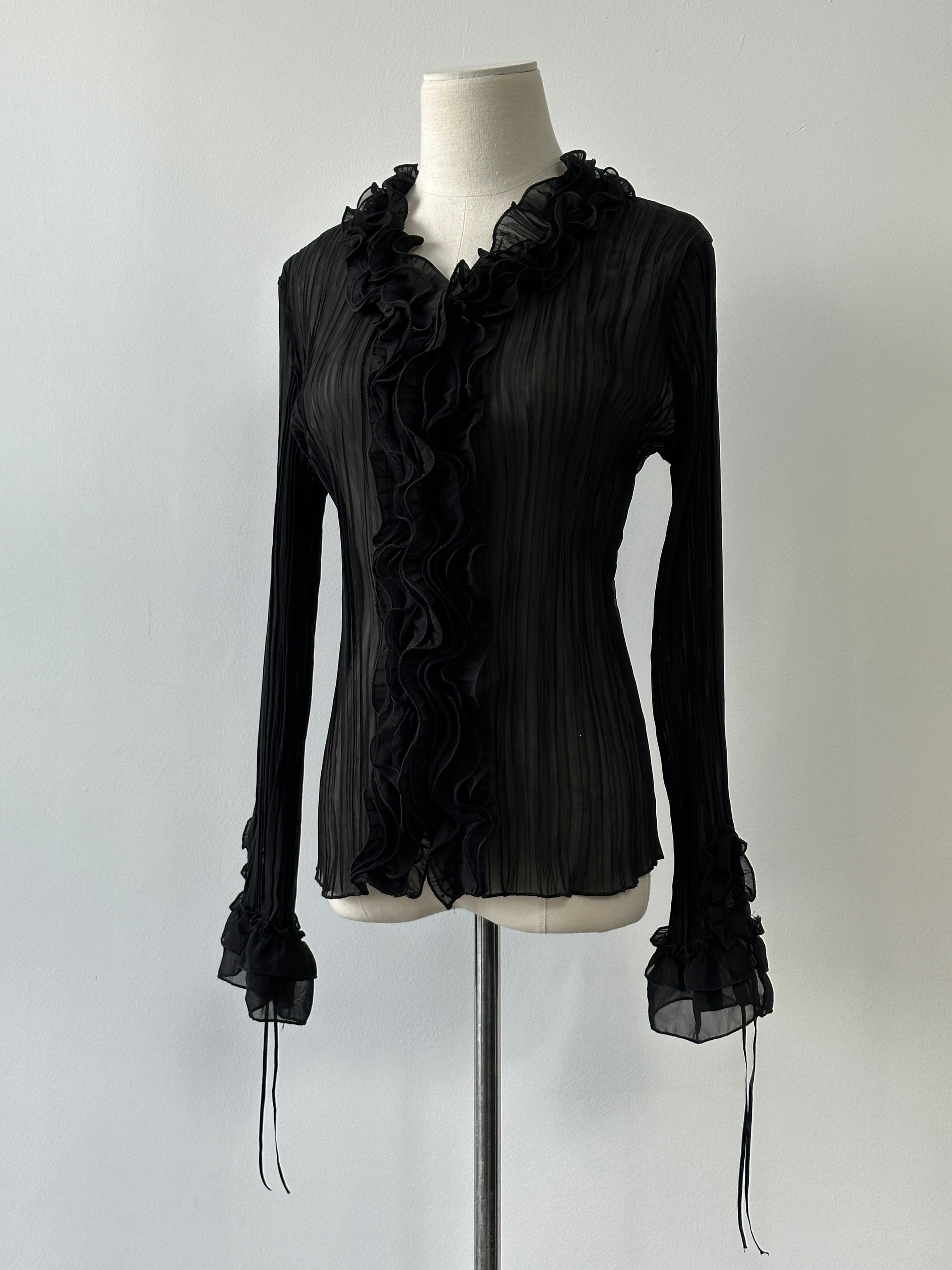 Vintage 2000s Sheer Ruffle Pleated Fitted Shirt - S