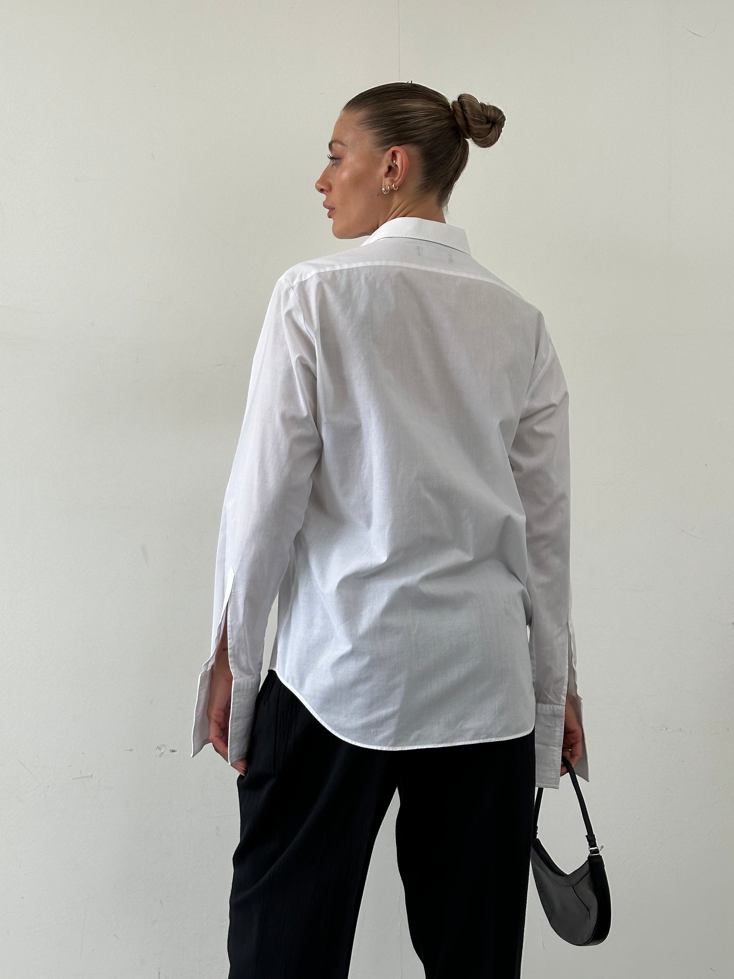 St Michael British circa 90s cotton tuxedo dress shirt, size large, with classic collar and button front, displayed on a hanger.