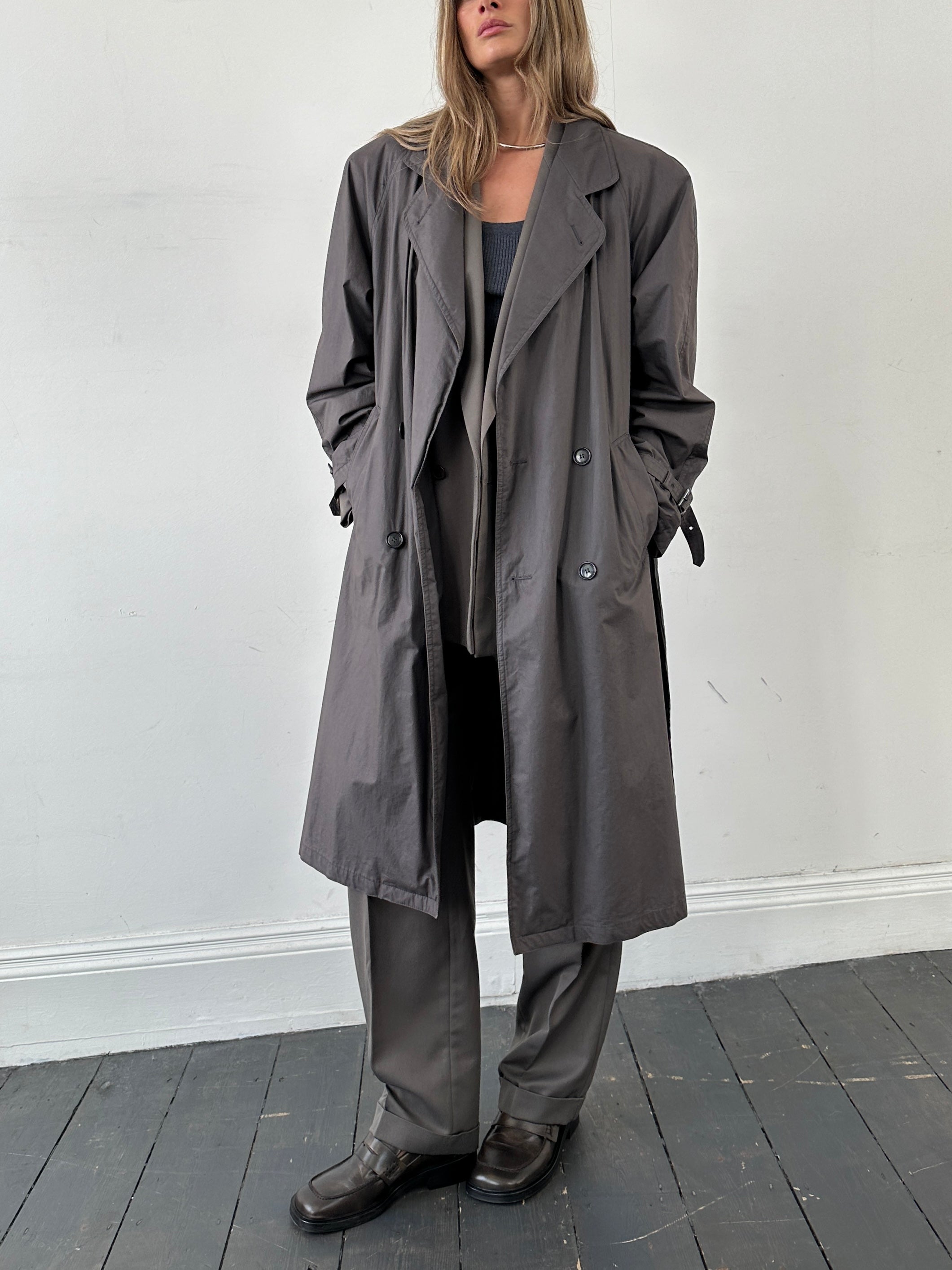 Vintage Double Breasted Unlined Belted Trench Coat - L - SYLK