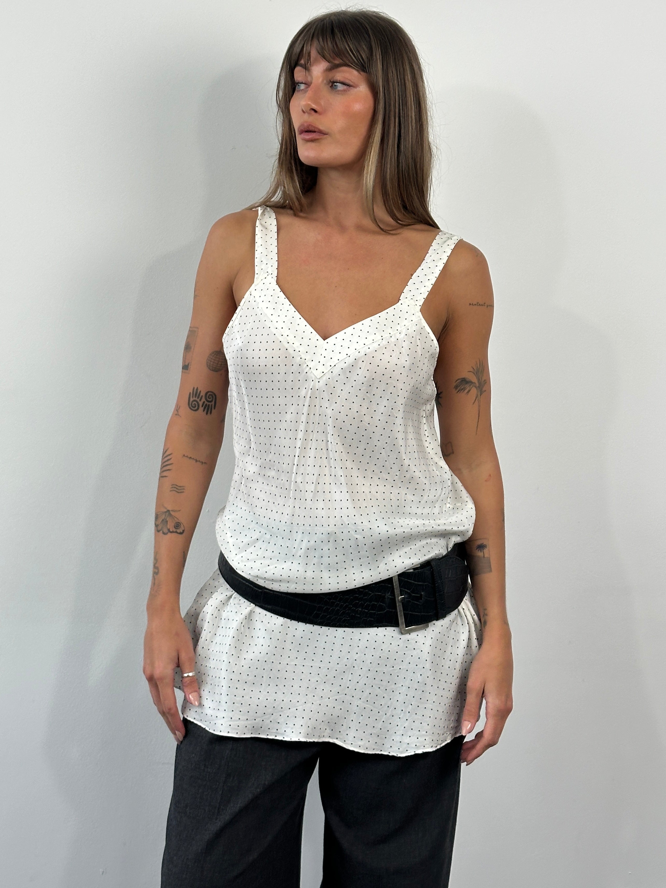 Vintage 2000s pure silk polka dot mini dress in size M/L, featuring a classic retro style and lightweight fabric.