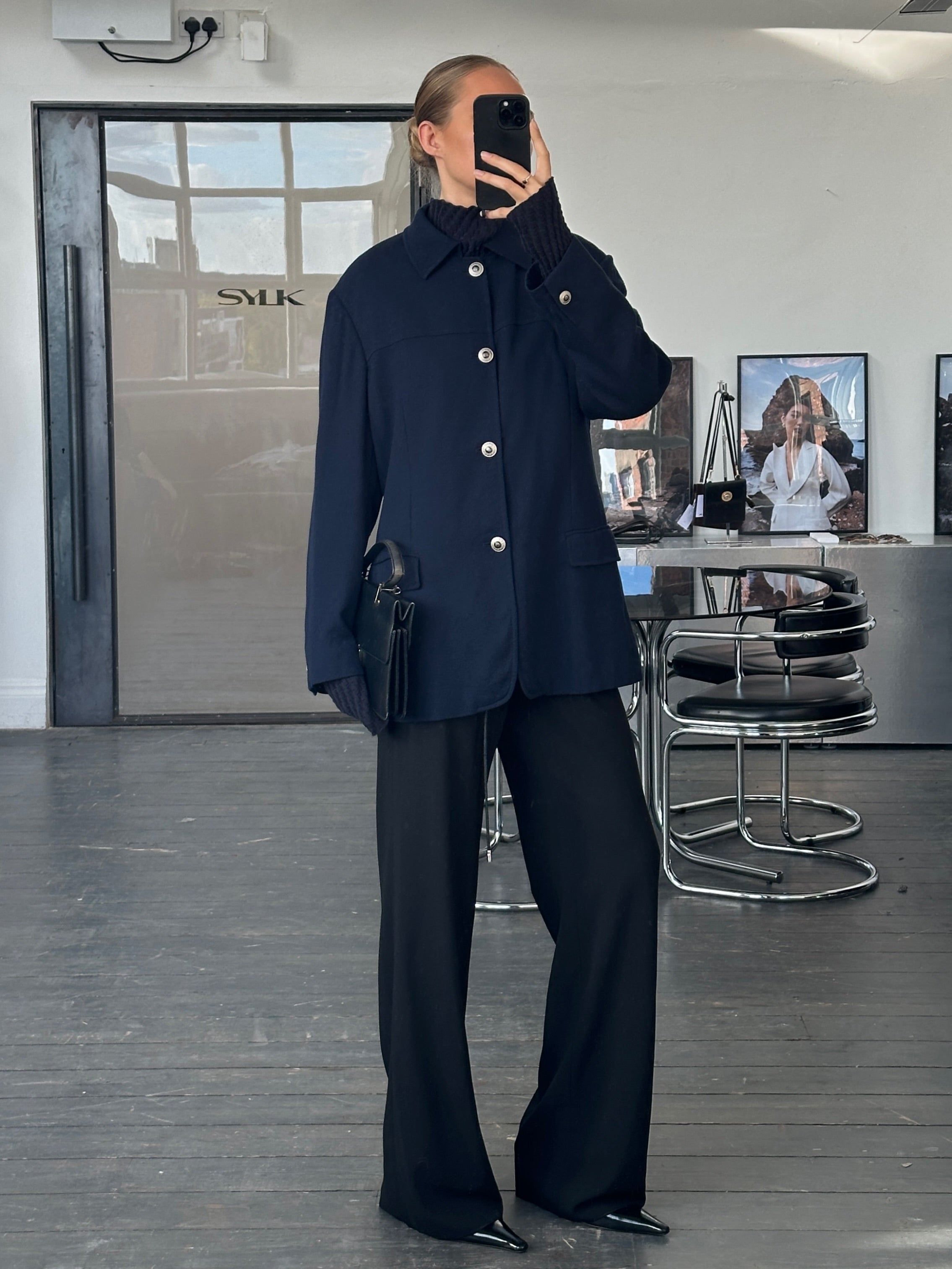 Versace Classic V2 1990s bespoke pure wool chore jacket, size large, with button details and tailored fit.