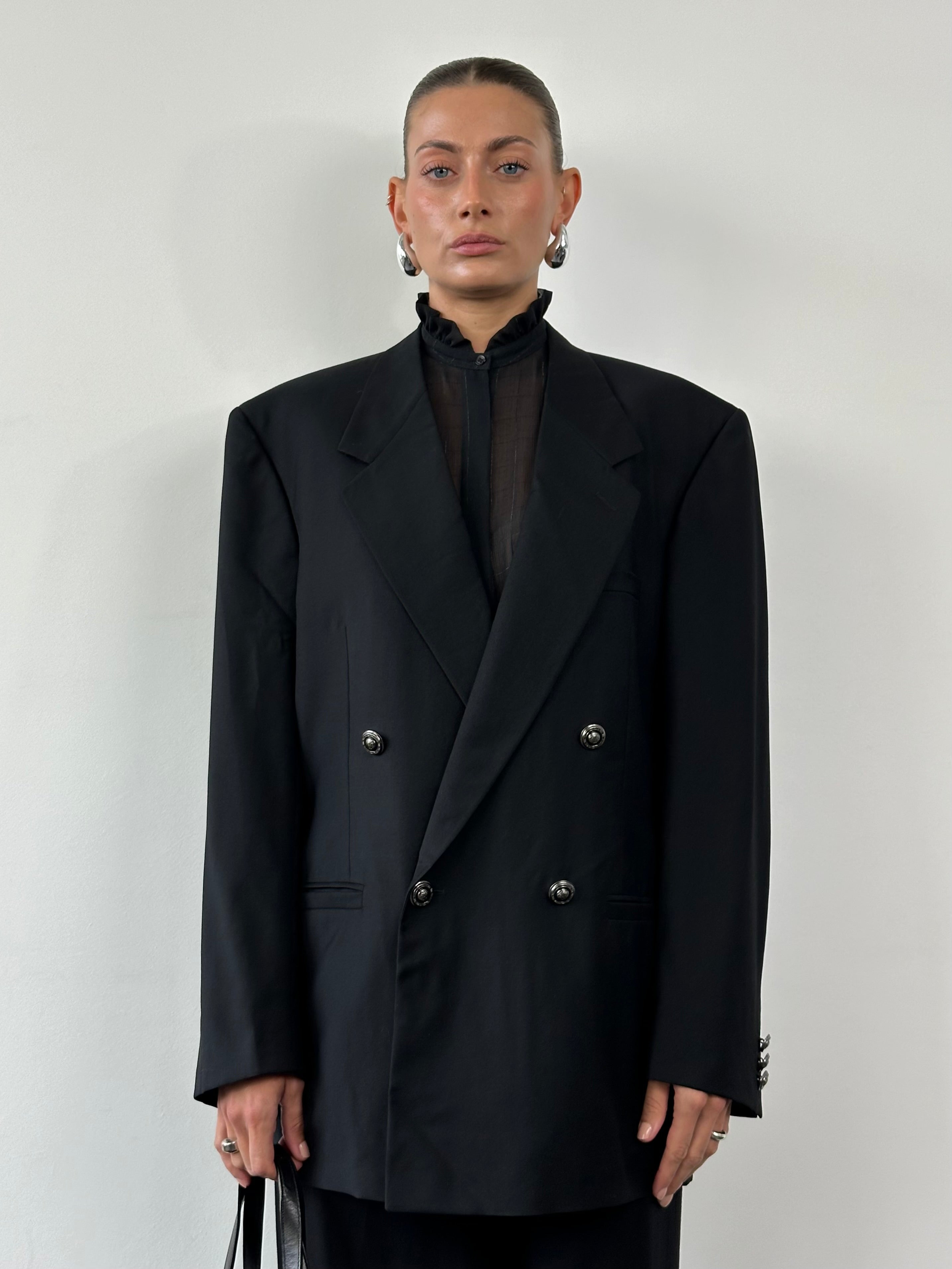 Gianni Versace 1990s bespoke Medusa button double-breasted blazer, size 40R/L, with classic Versace design and tailored fit.