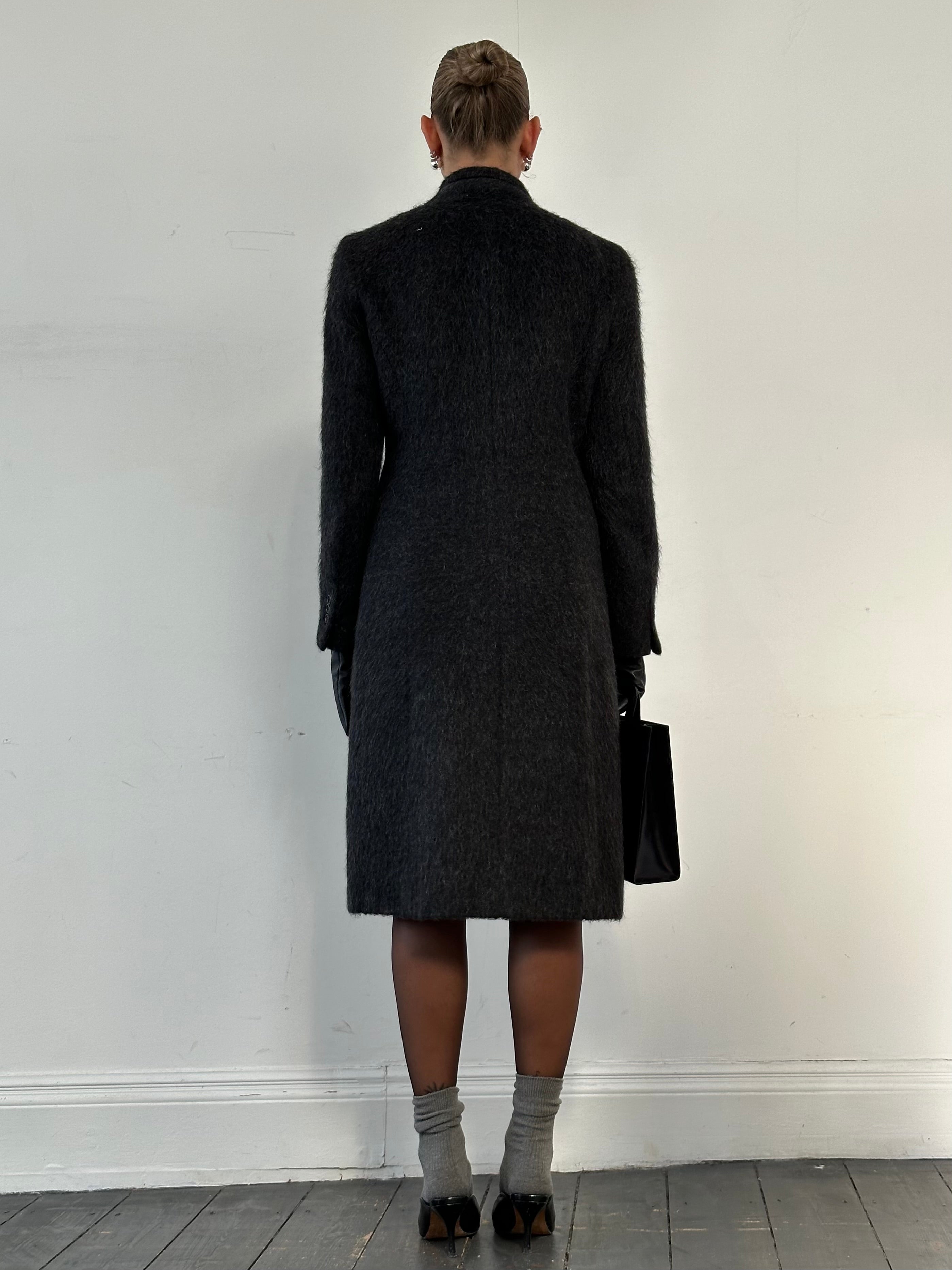 Nicole Farhi fuzzy alpaca wool single-breasted coat in size M, shown in beige with a classic collar and button closure.