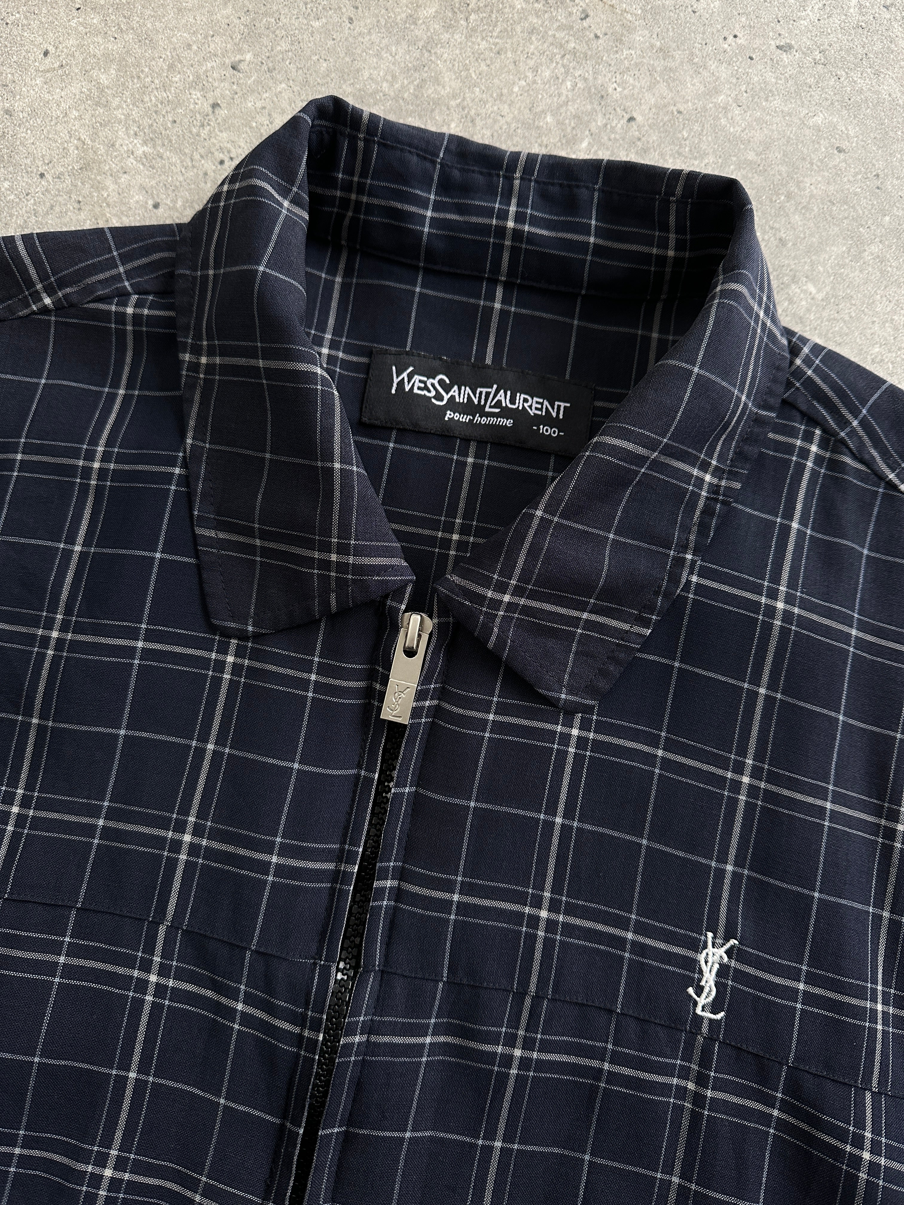 Yves Saint Laurent Pour Homme check logo bomber jacket in size L, featuring a stylish design and branded details.