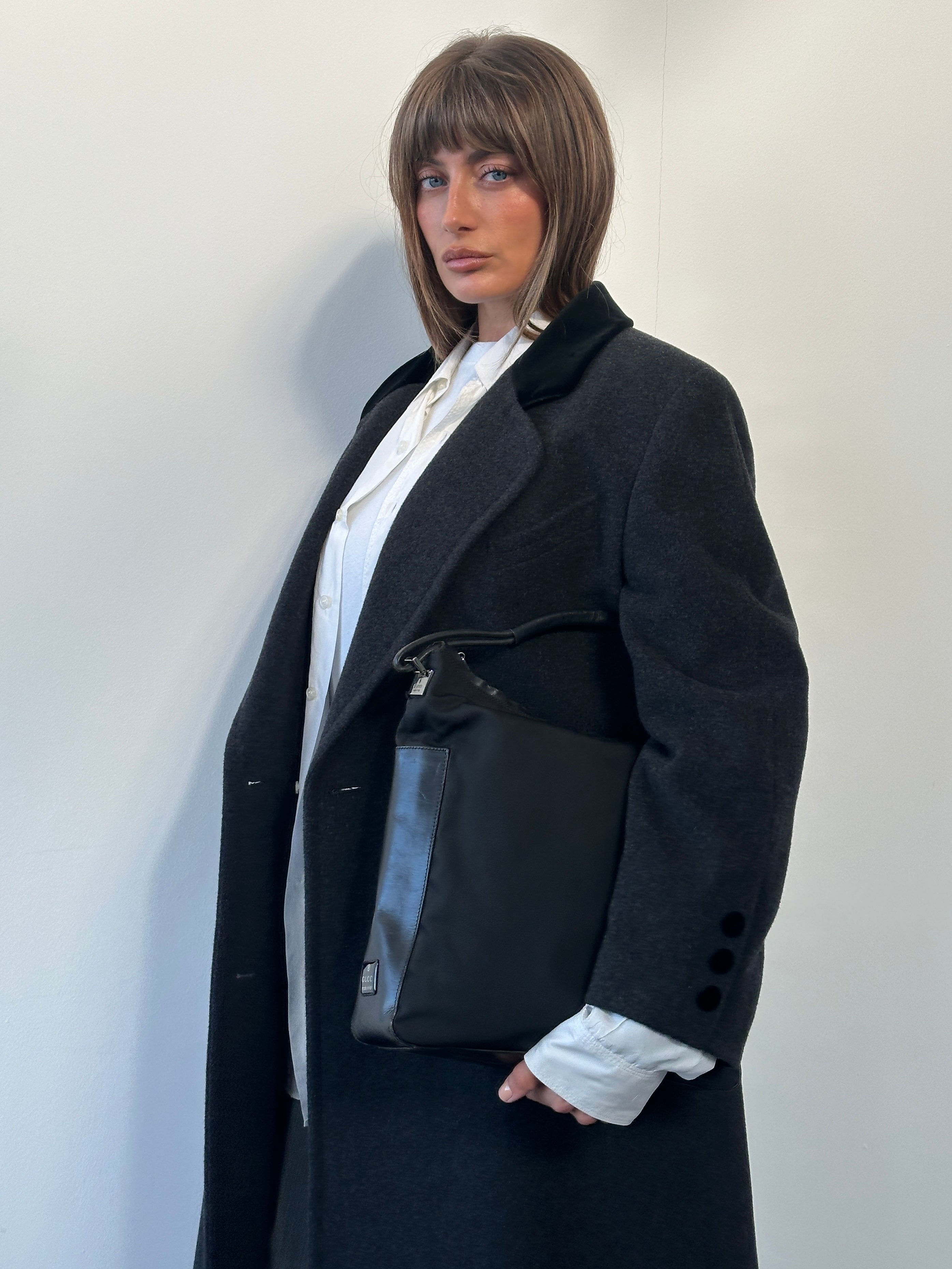 St Michael 1990s wool double-breasted coat in size L, featuring classic design and tailored fit, displayed on a hanger.