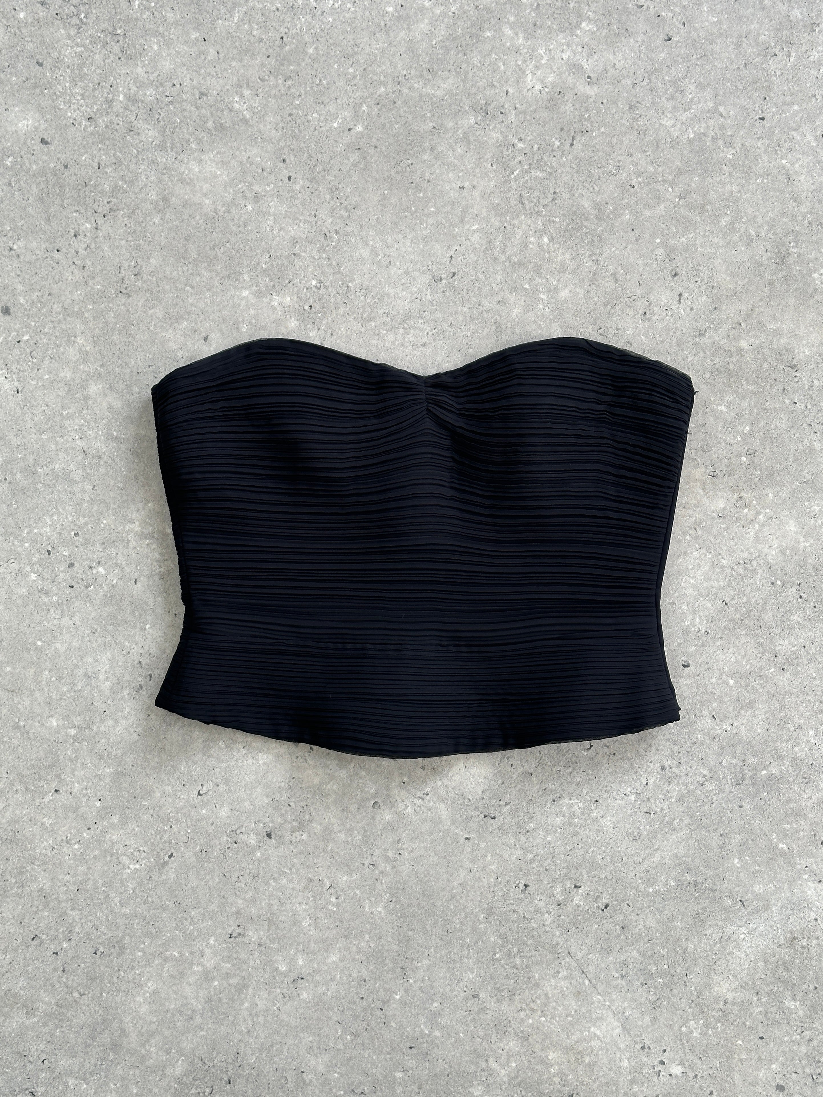 Armani Collezioni 1990s plisse strapless corset top in size S, featuring a fitted design with pleated fabric and a sleek strapless silhouette.