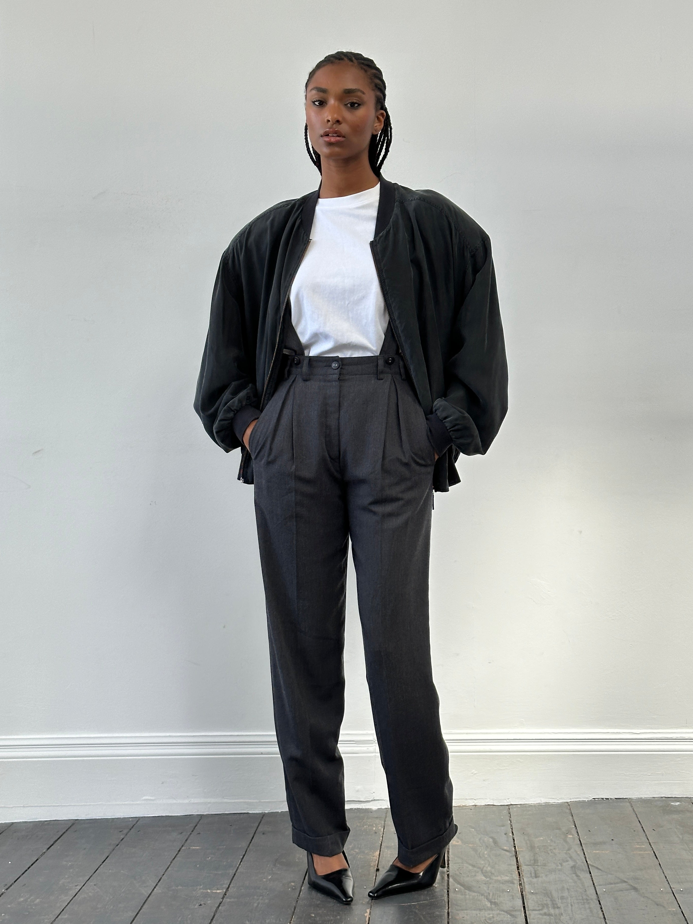 Vintage 1990s pure silk bomber jacket in size large, featuring a classic style with a smooth silk finish and vintage detailing.