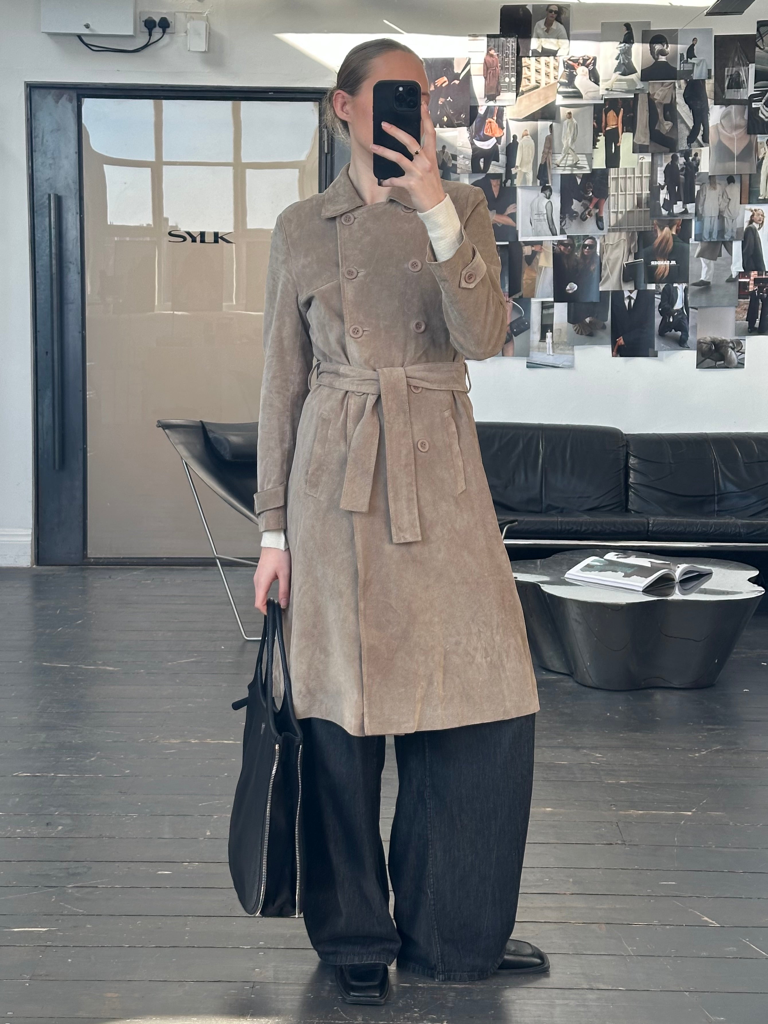 Vintage 1990s suede double-breasted belted trench coat in size small, classic retro style with a timeless silhouette.