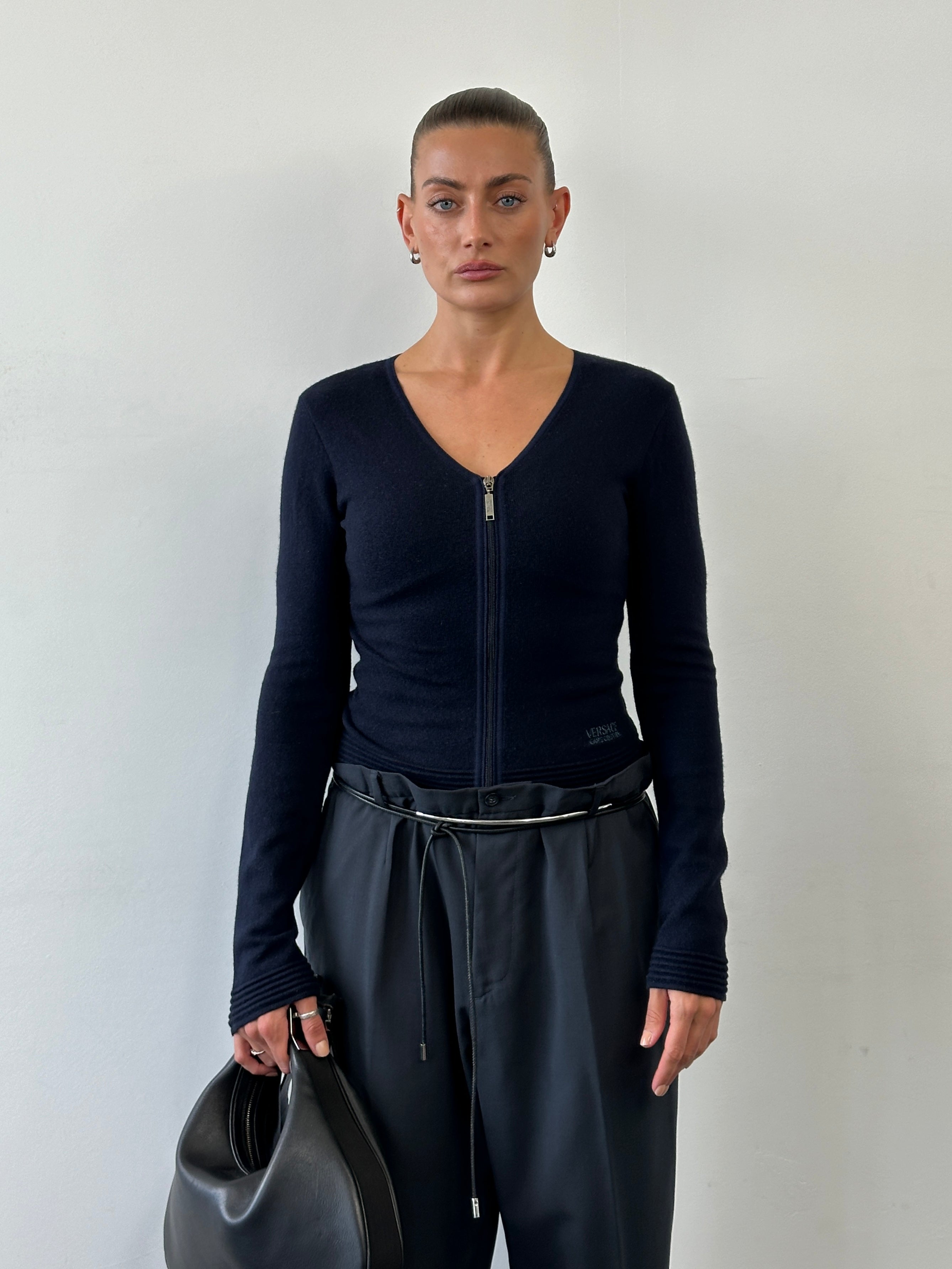 Versace Jeans Couture two-piece cami cardigan set in size small, featuring a stylish cardigan and matching cami top.