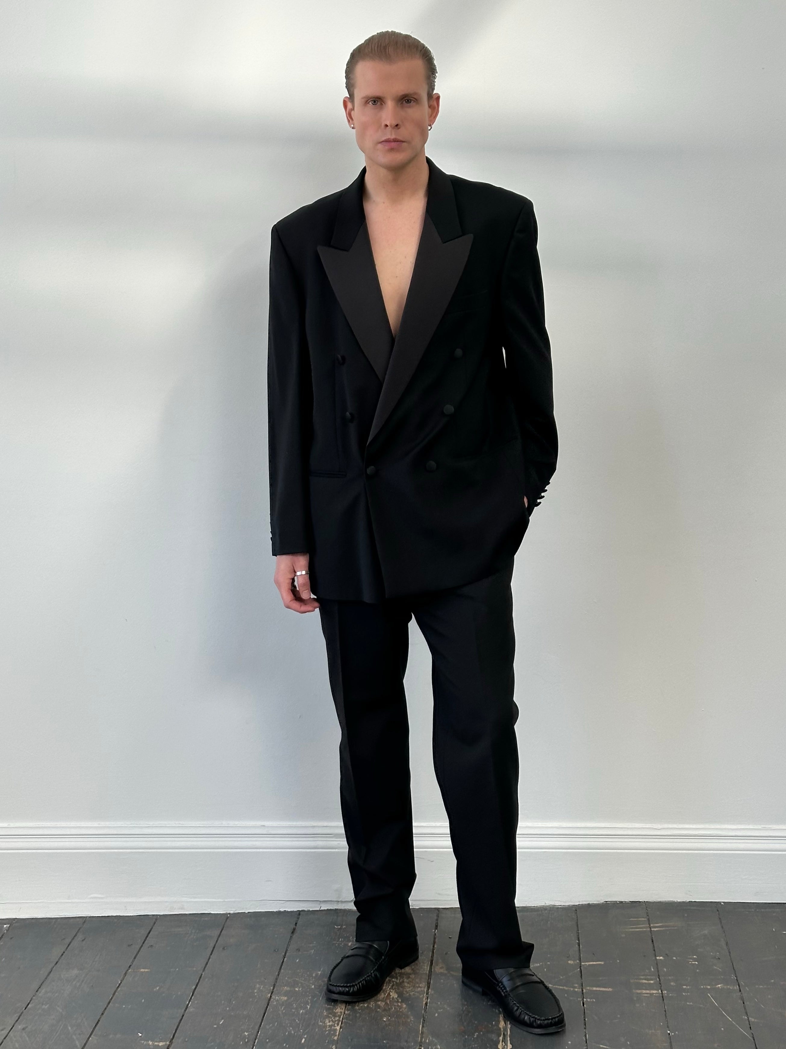 Pierre Cardin 1990s wool double-breasted tuxedo suit, 46R/W32, showing tailored lapels, buttons, and classic formal style.