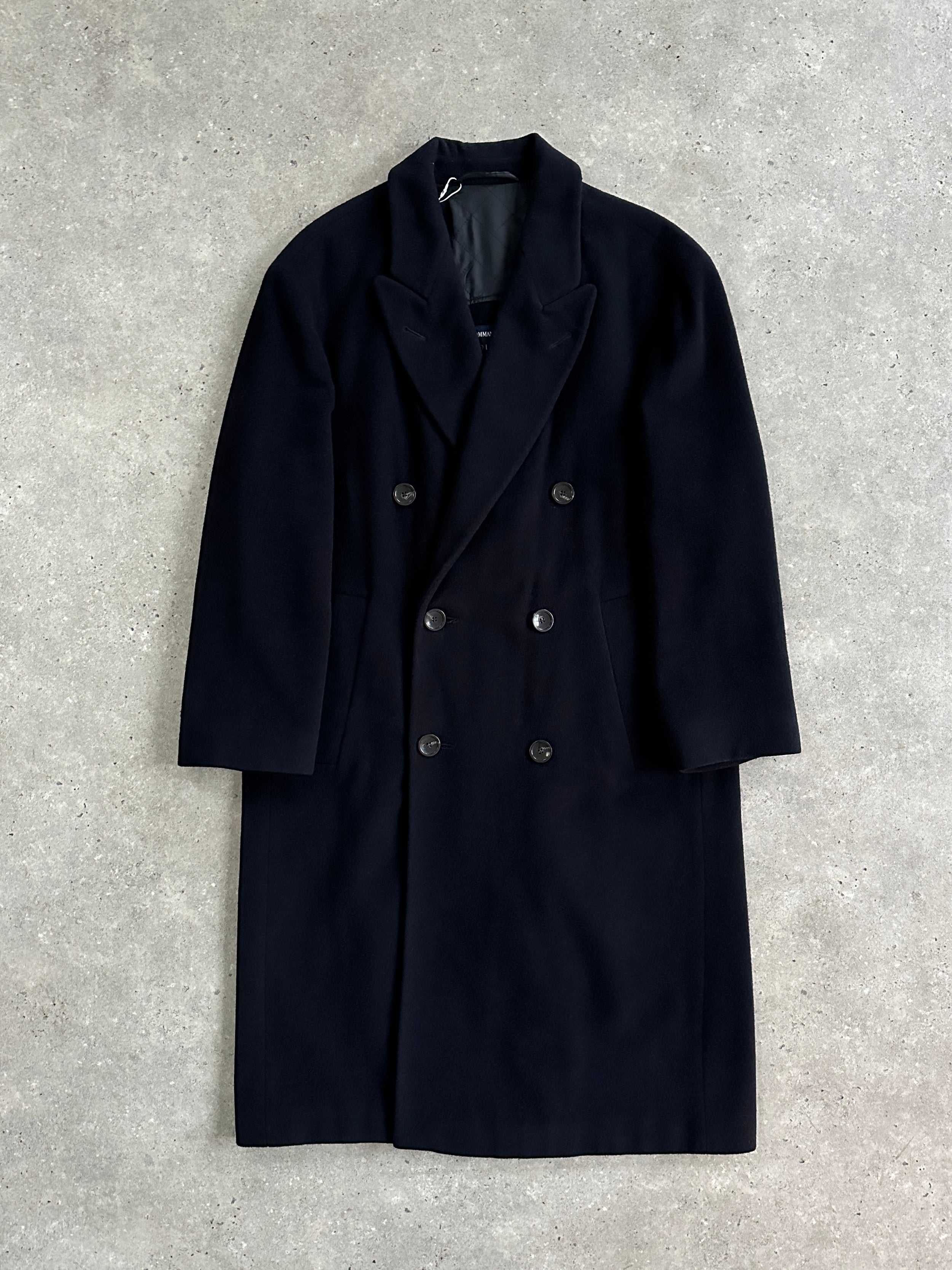 Vintage wool and cashmere double-breasted coat in XL size, stylish and warm with classic design and textured fabric.