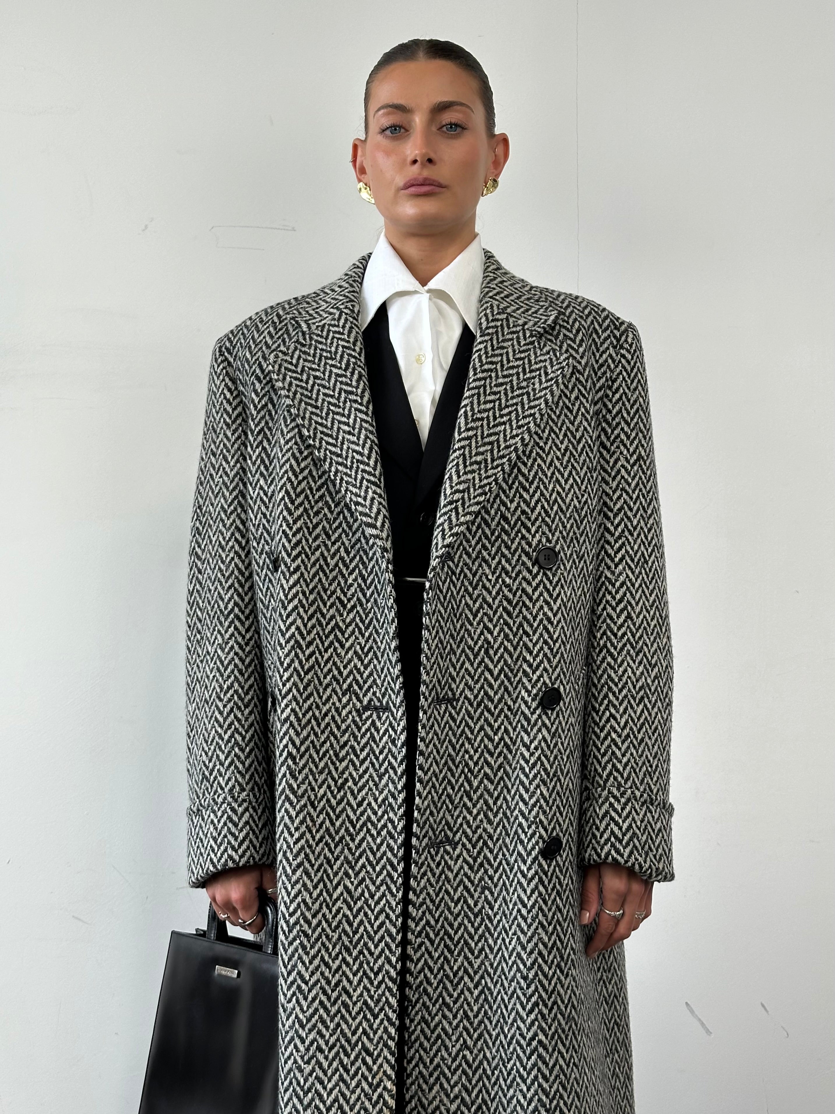 Pierre Cardin pure wool herringbone belted coat in XL, showcasing a classic tailored design with a belt at the waist.