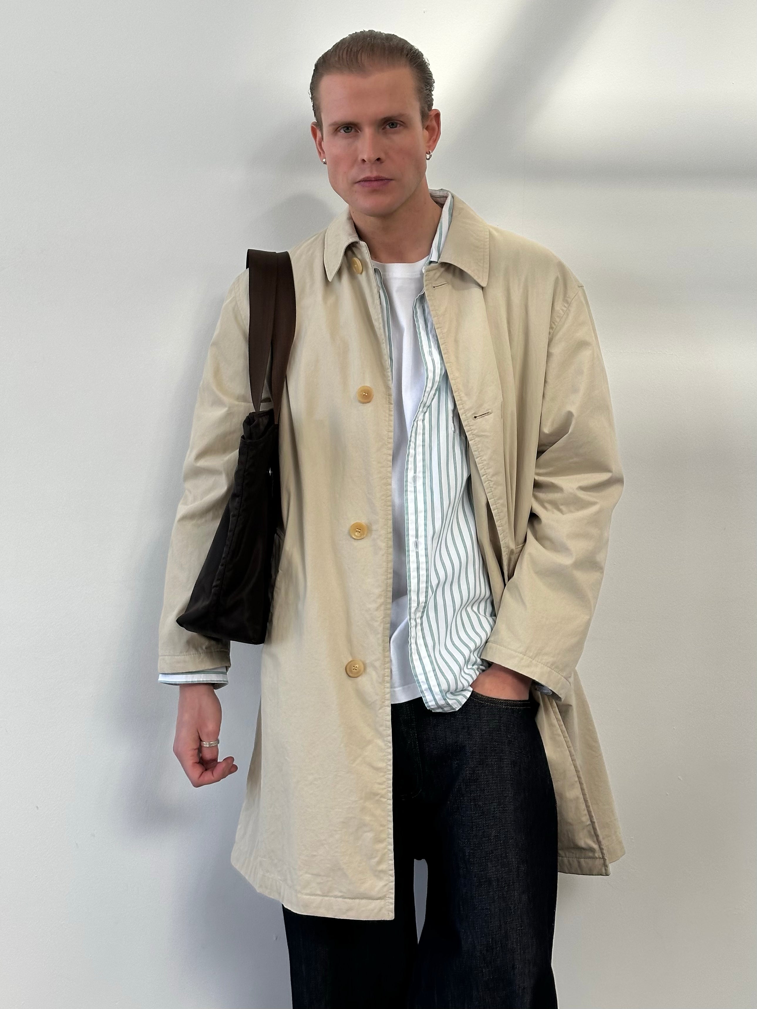 Hugo Boss 2000s cotton trench coat with concealed placket, size large, featuring classic design and neutral color.