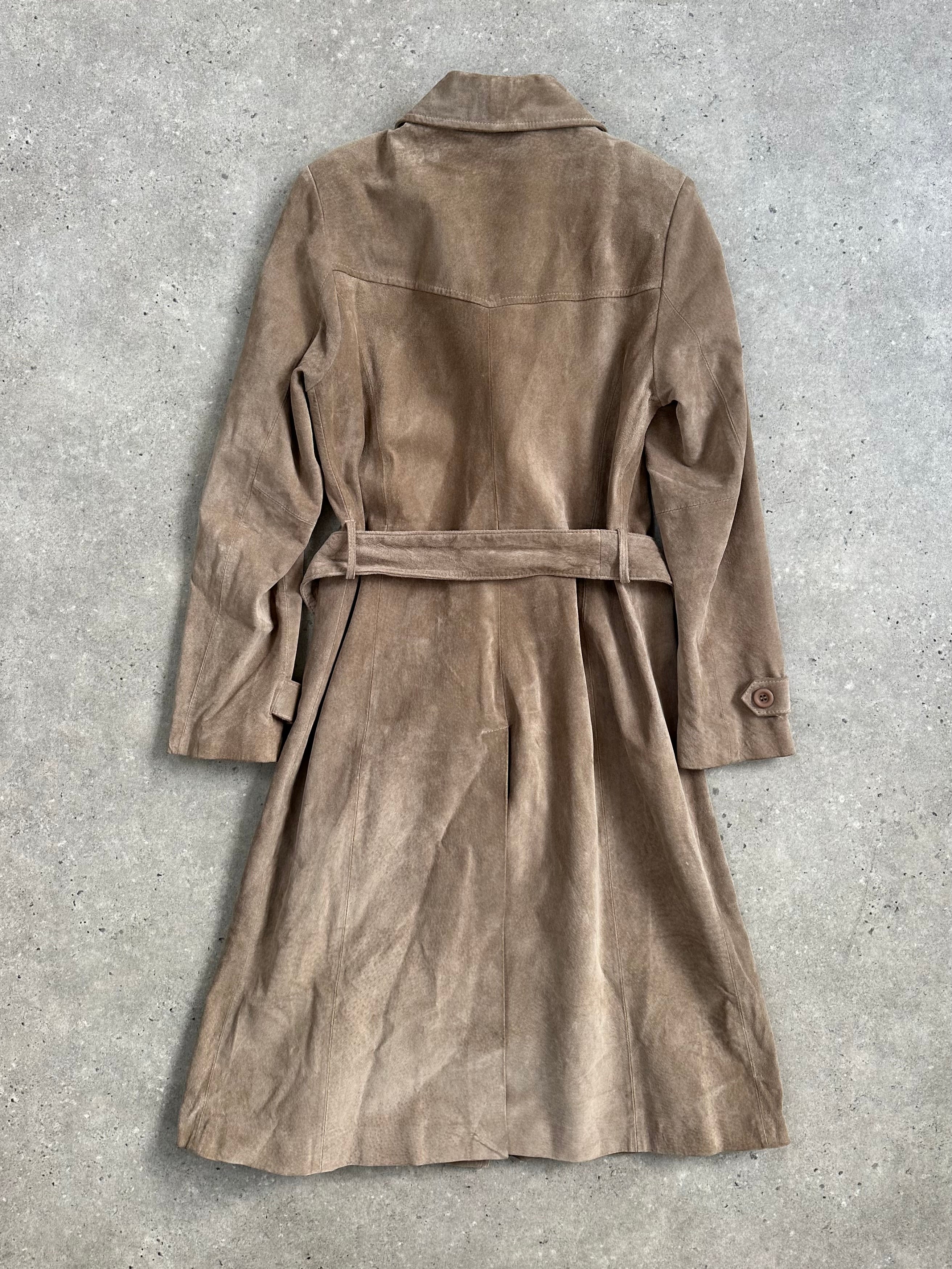 Vintage 1990s suede double-breasted belted trench coat in size small, classic retro style with lapel collar and stylish silhouette.