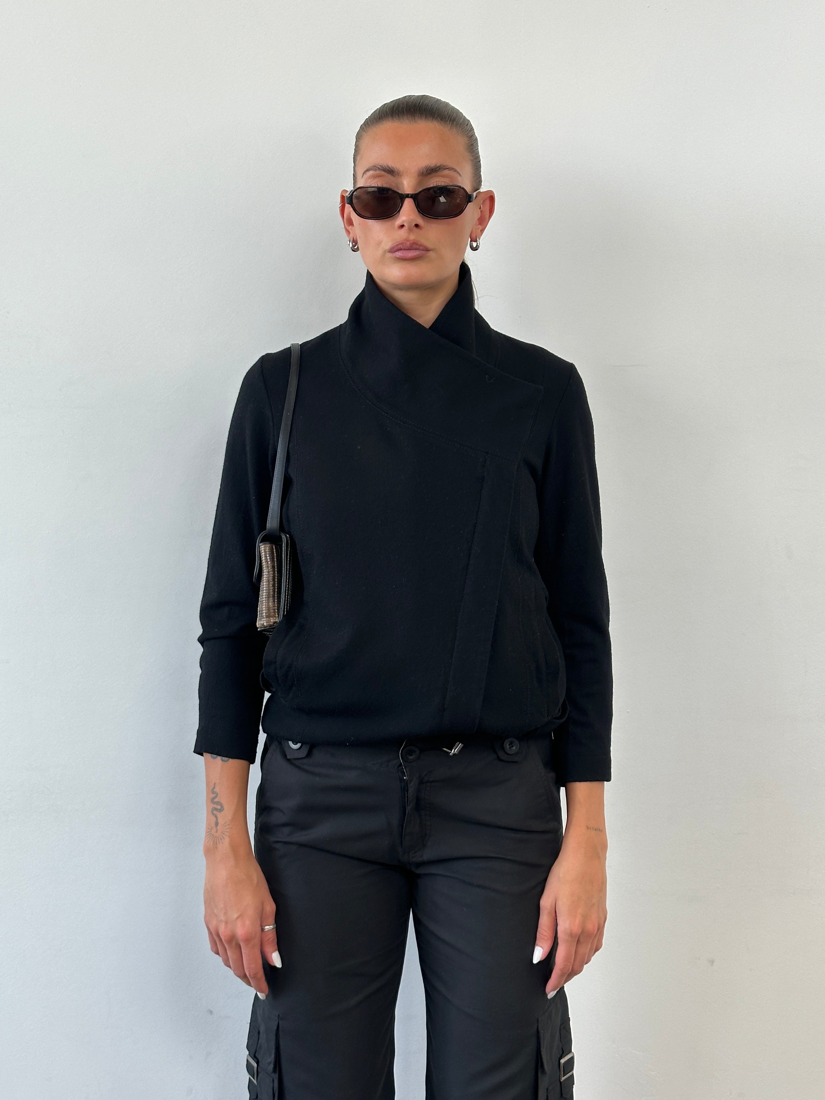 Helmut Lang asymmetric high neck wool belted jacket in black, featuring a sleek design and tailored fit.