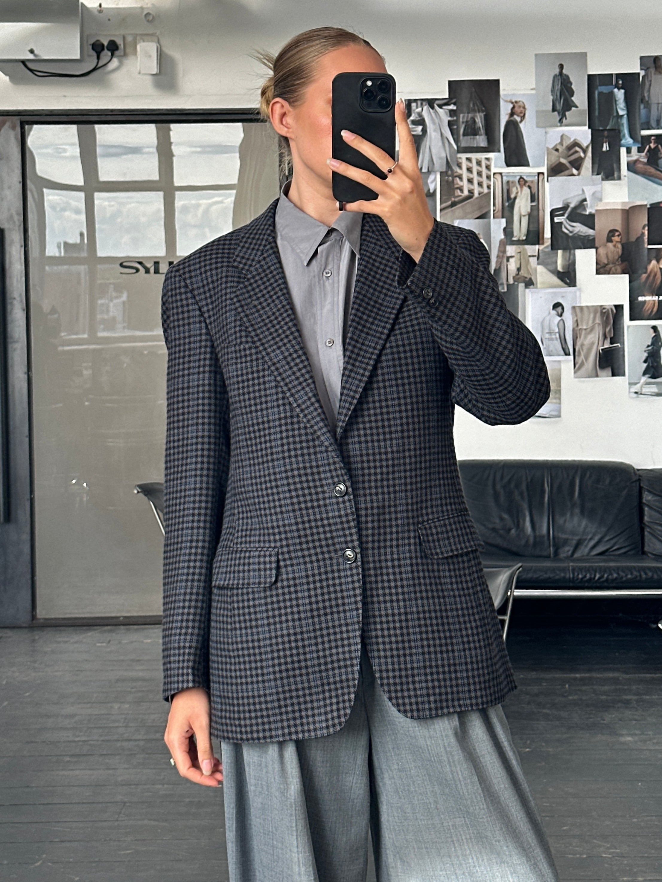 Yves Saint Laurent 1980s check brushed wool blazer in size 40R/L, featuring a tailored fit with classic check pattern.