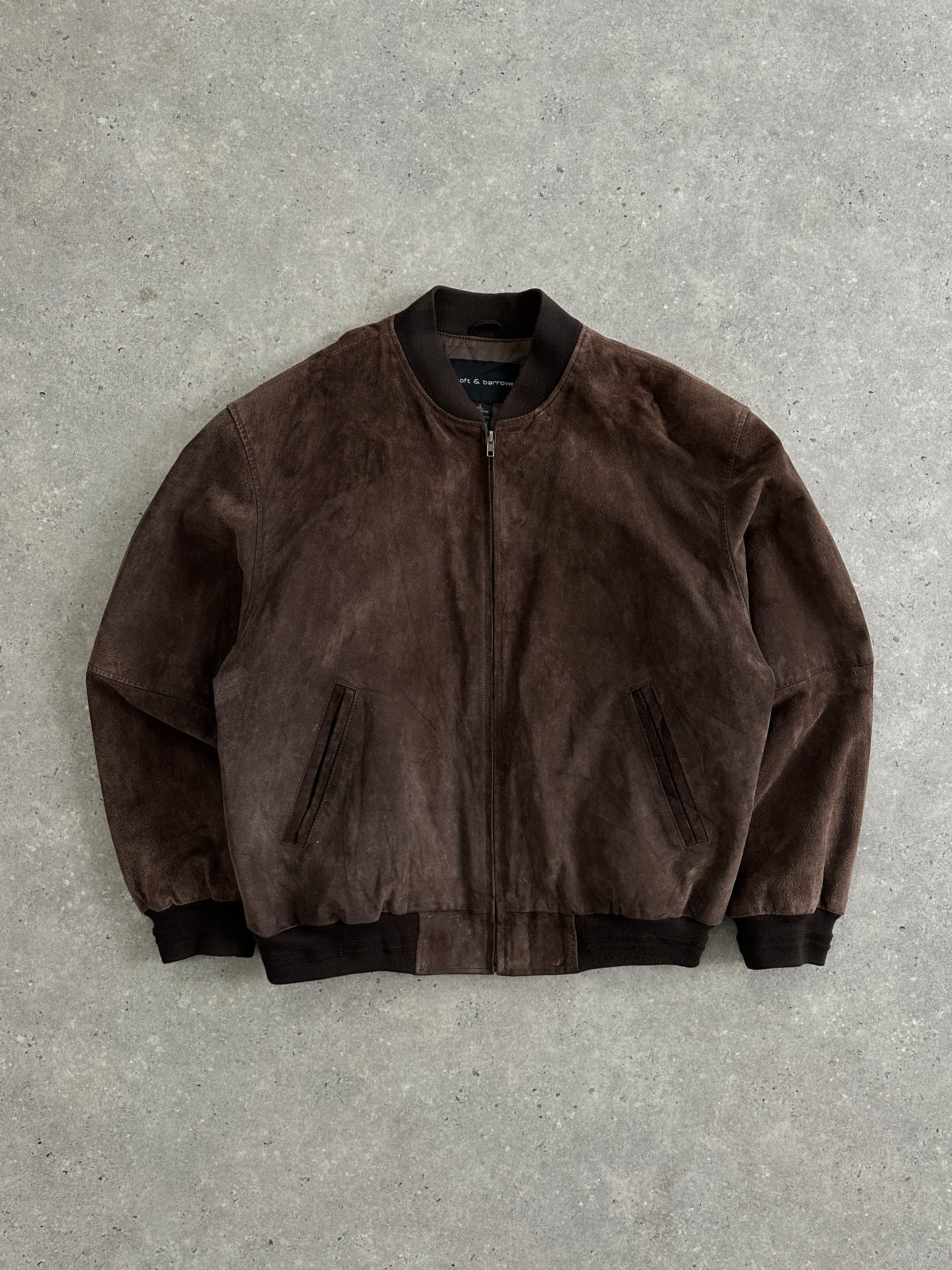 Vintage suede leather bomber jacket in XL size, featuring classic design with ribbed cuffs and collar, stylish and durable.