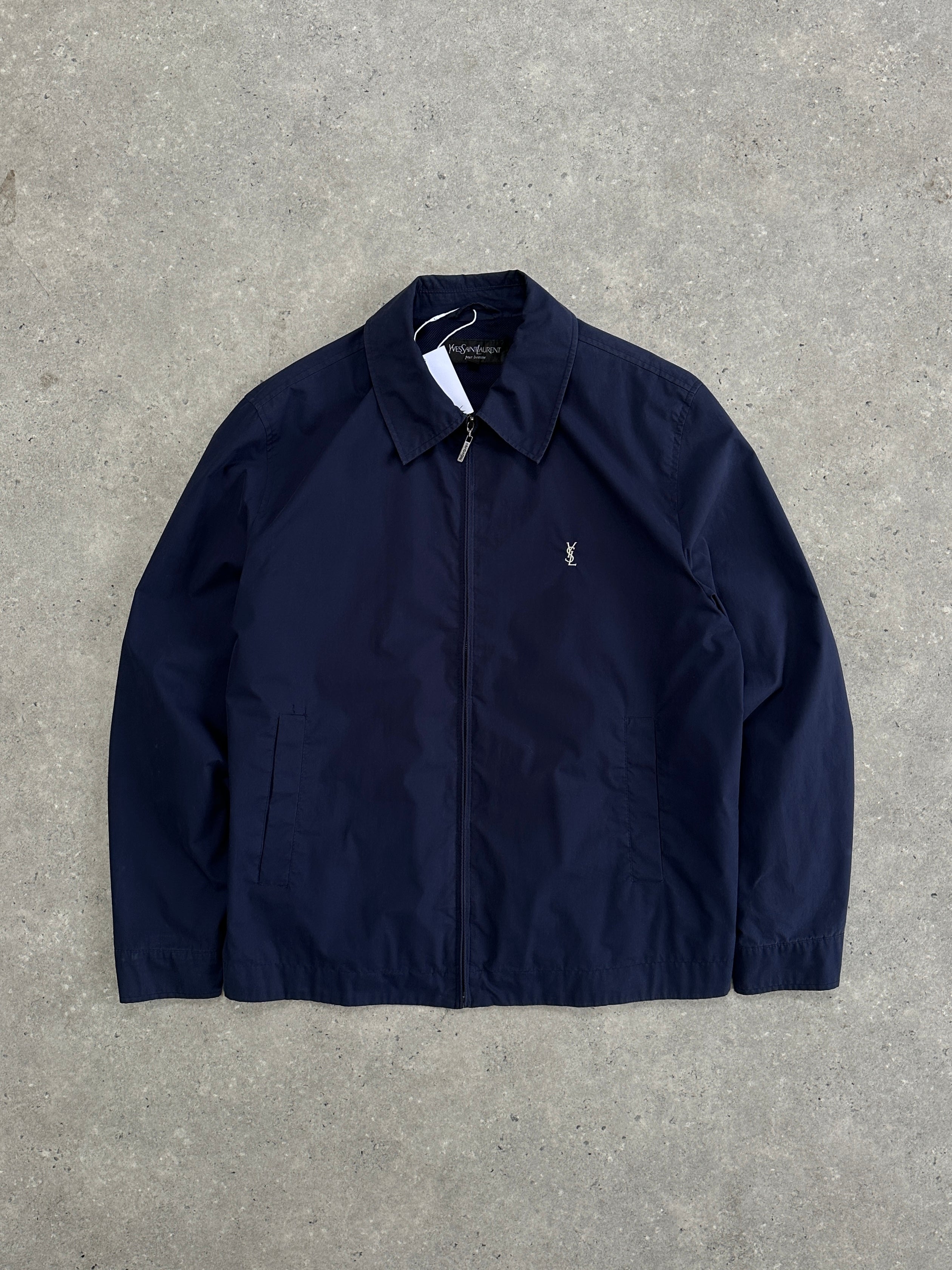Yves Saint Laurent Pour Homme cotton logo bomber jacket in black, front view showing classic fit and brand emblem.
