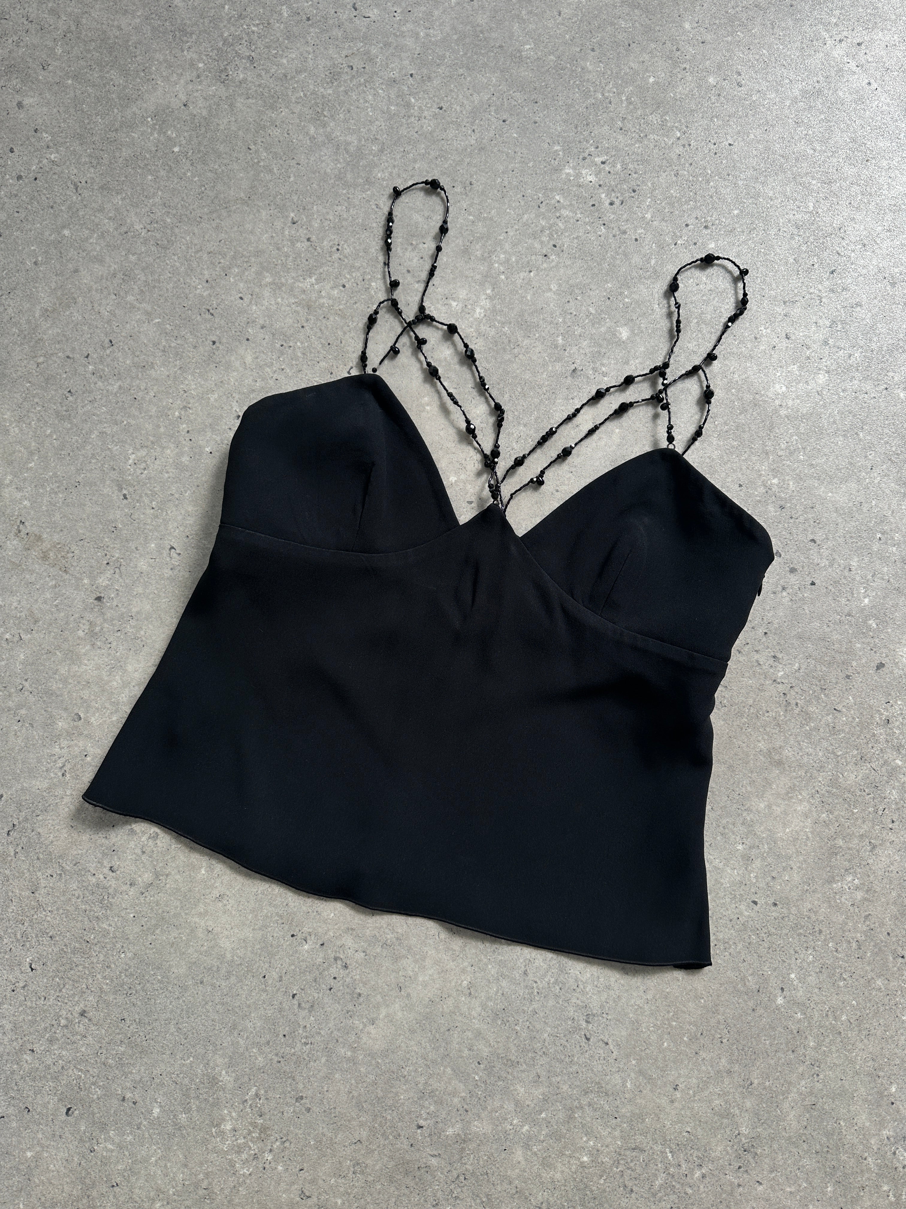 Emporio Armani beaded crop cami top in XS, featuring intricate bead detailing and a stylish, fitted design.