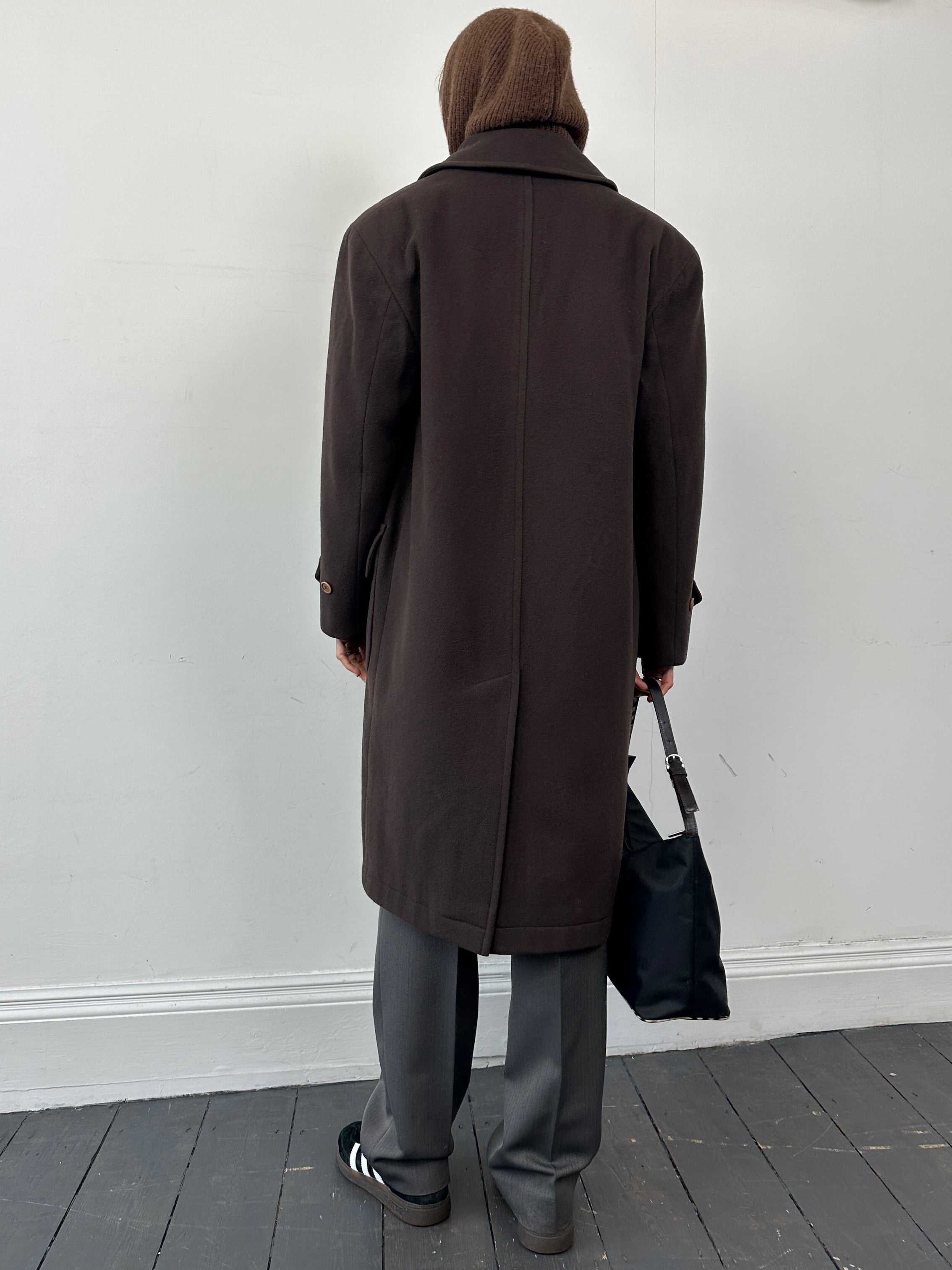 Valentino pure wool double-breasted coat in XL, stylish black coat with classic lapels and button details, full view.